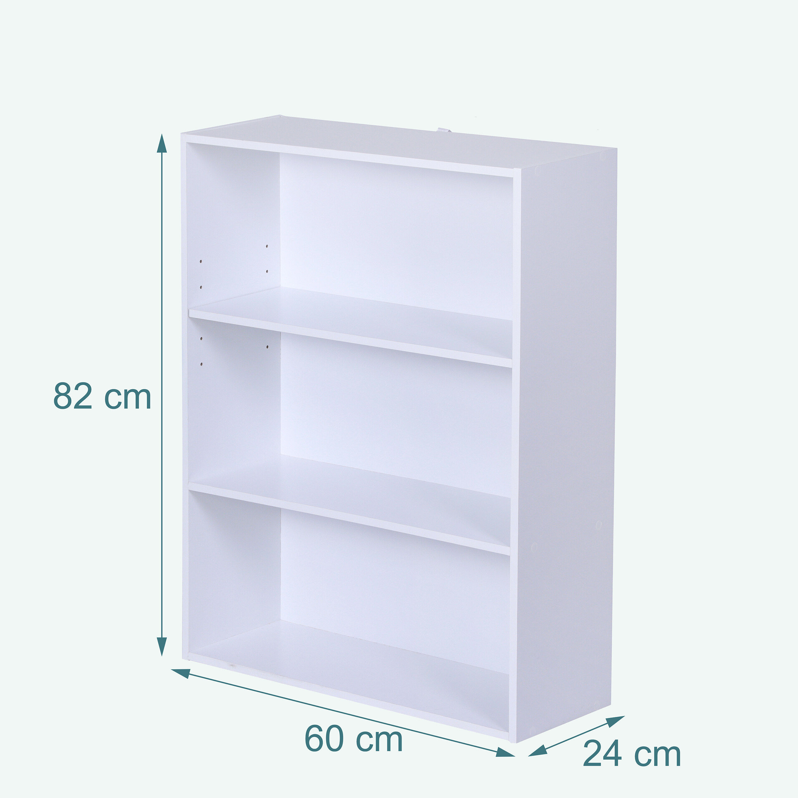 Ein weißes Bücherregal mit Abmessungen von 82 cm Höhe, 60 cm Breite und 24 cm Tiefe auf hellem Hintergrund.