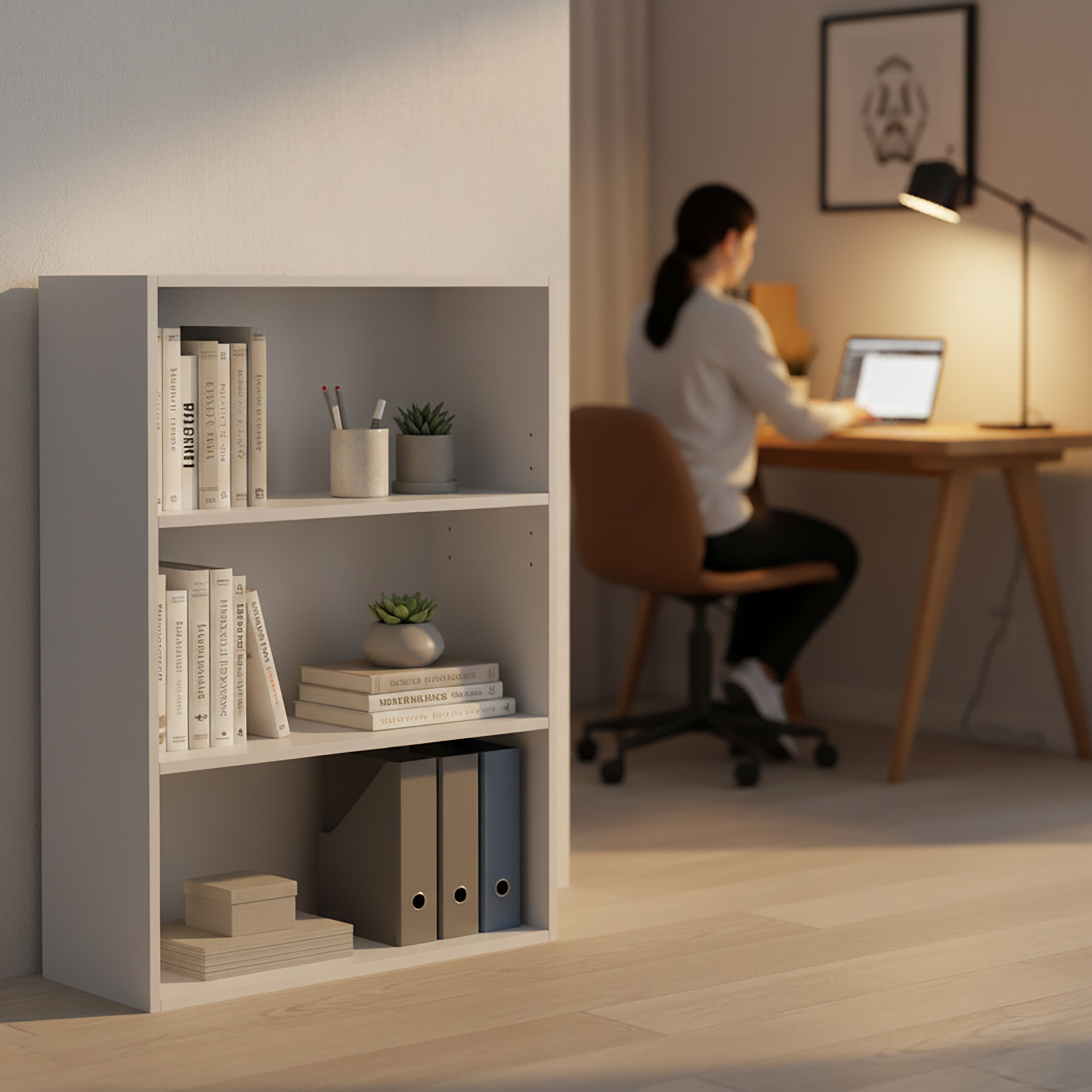 Ein weißes Regal im Vordergrund mit Büchern und Ordnern; im Hintergrund arbeitet eine Frau an einem Laptop.