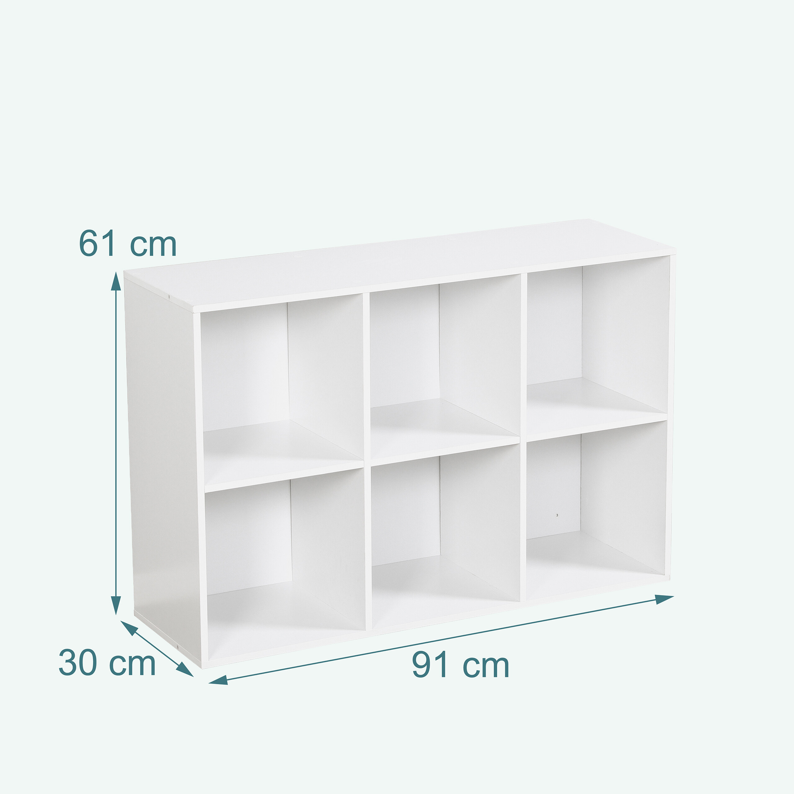 Ein weißes Holzregal mit sechs Fächern und Maßpfeilen (61 cm Höhe, 30 cm Tiefe, 91 cm Breite).