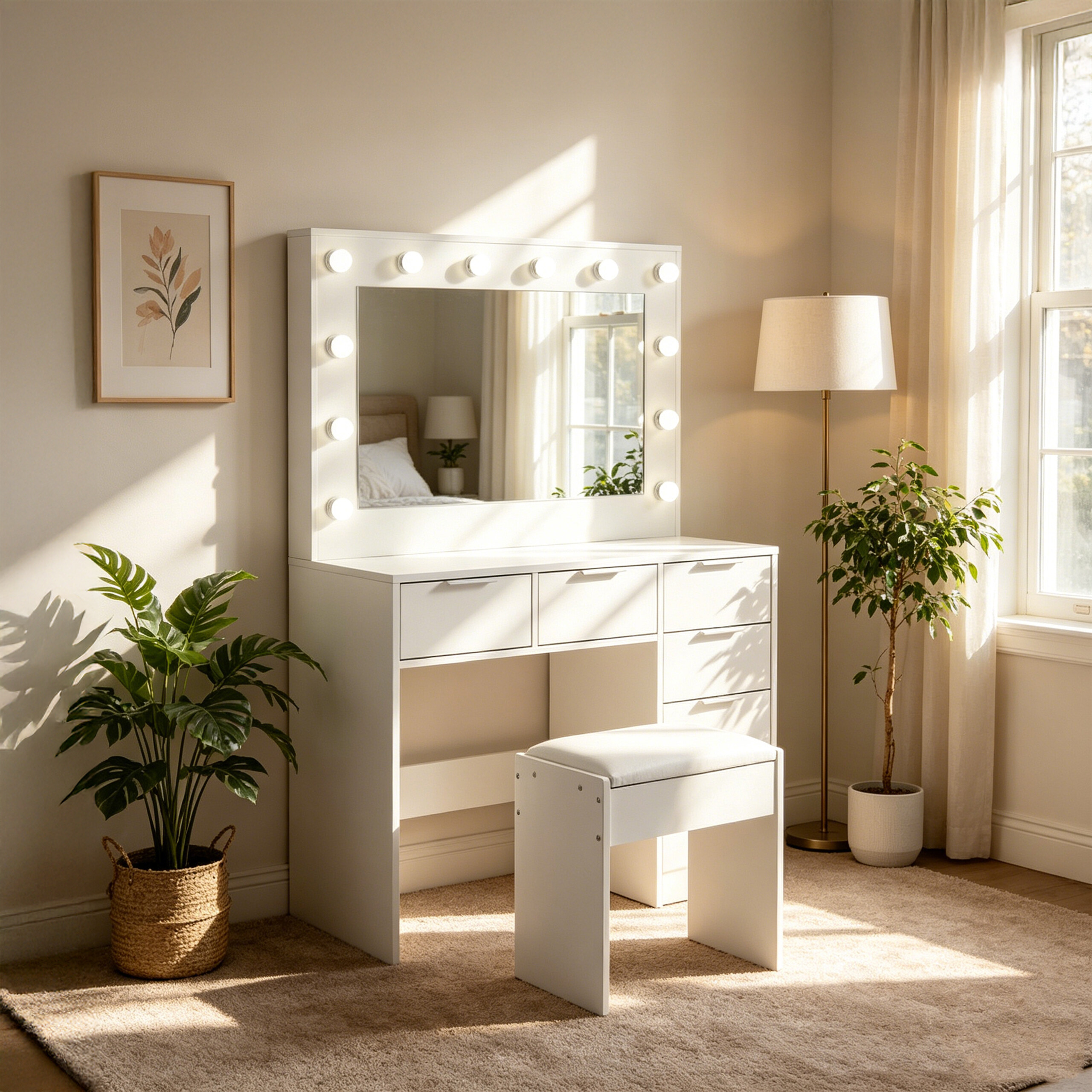 Ein weißer Schminktisch mit beleuchtetem Spiegel, Hocker und Pflanzen in einem sonnigen Zimmer.