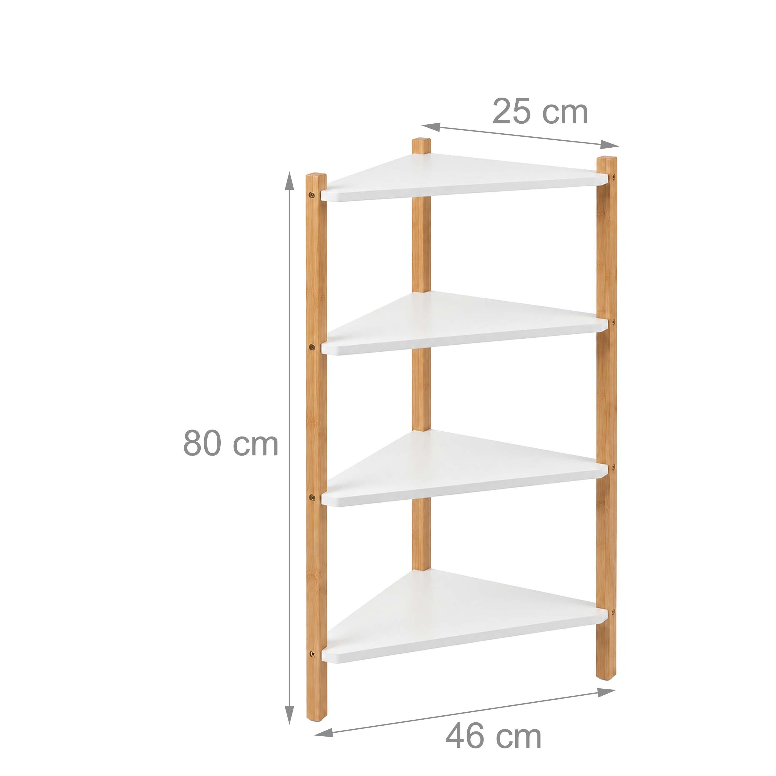 Eckregal aus Holz und Weiß mit vier Ablagen, 80 cm hoch, 25 cm tief, 46 cm breit.