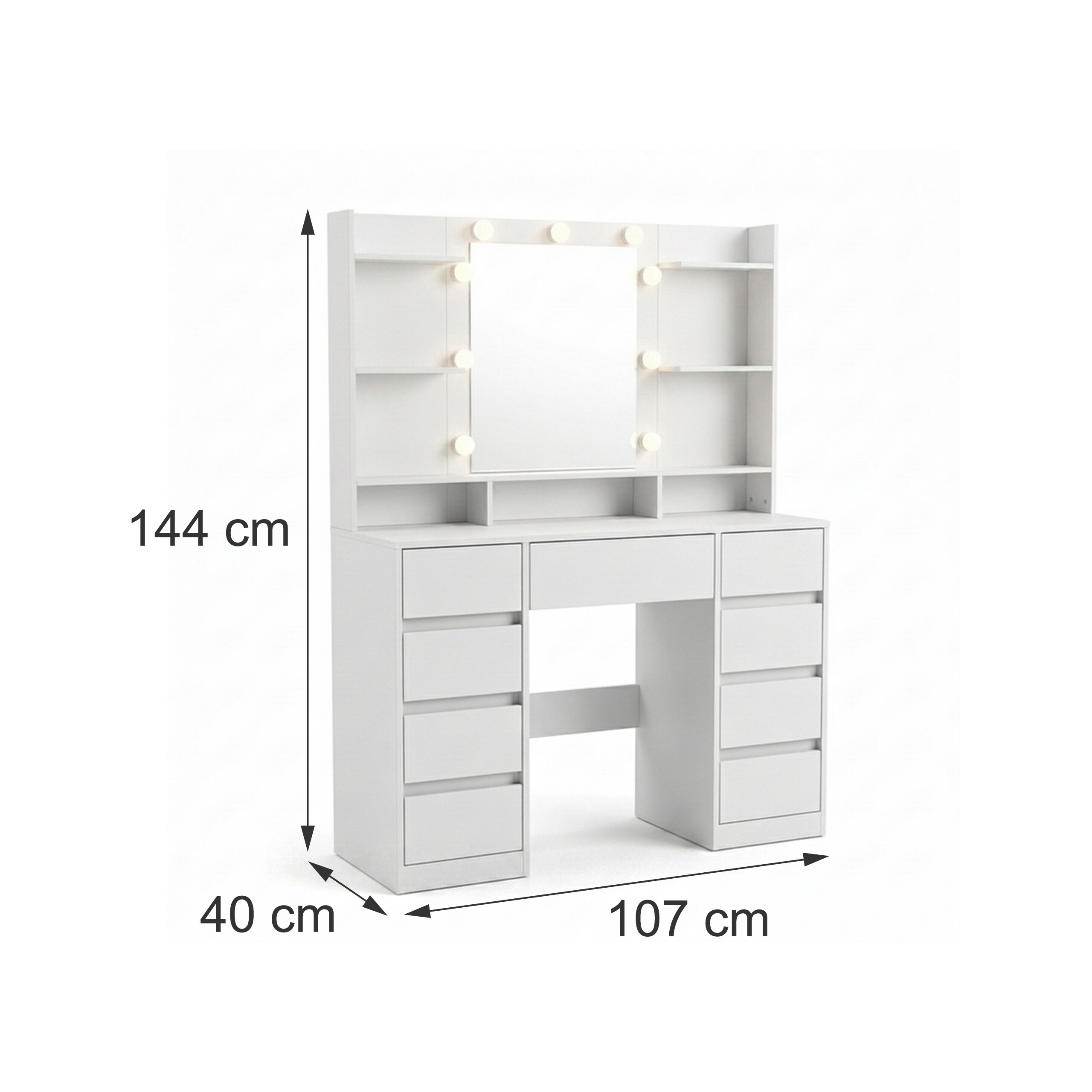 Weißer Schminktisch mit Spiegel, Lichtern, Schubladen und Maßen von 107x40x144 cm auf weißem Hintergrund.
