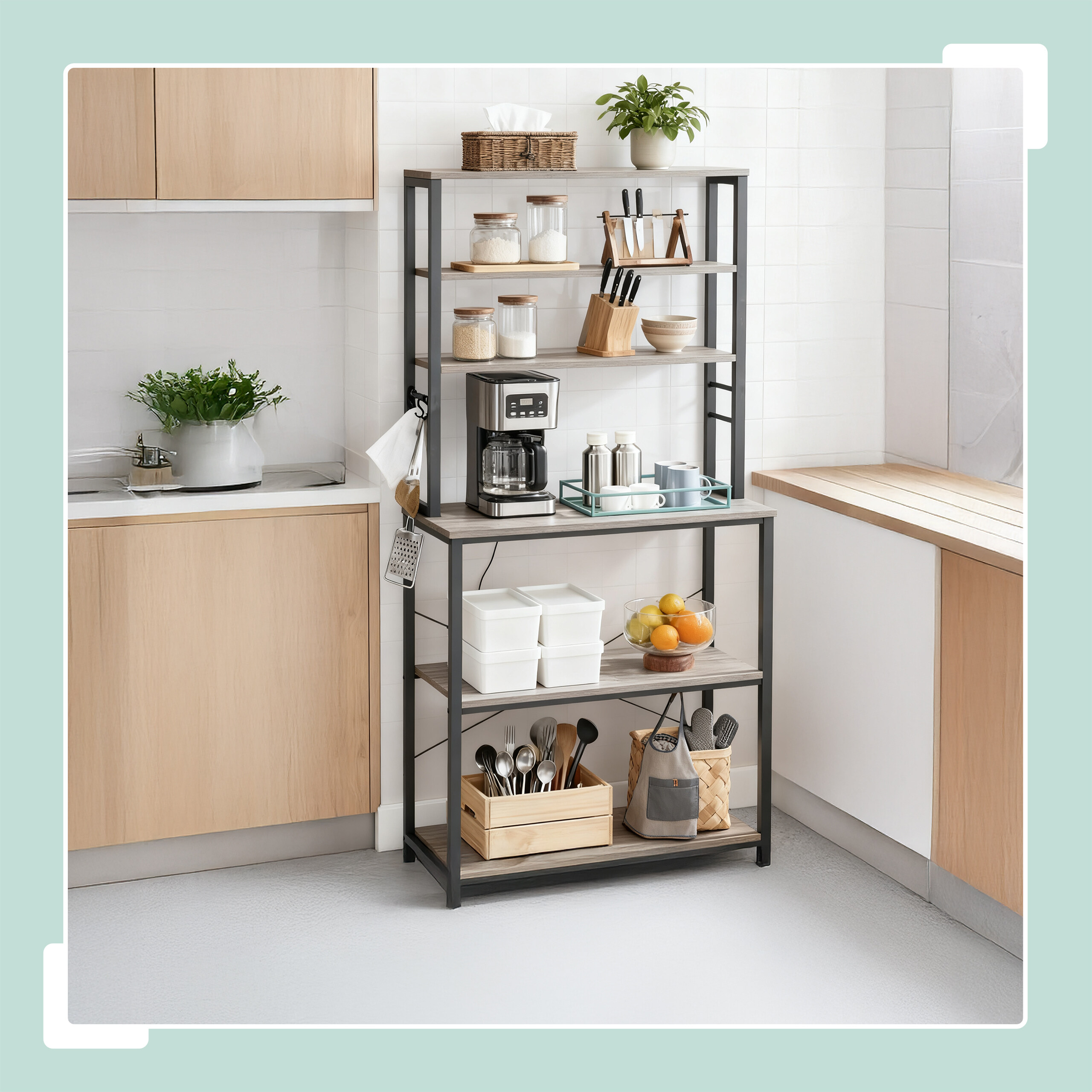 Eine Küche mit einem Metall- und Holzregal mit Kaffeemaschine, Behältern, Messern und Obst.