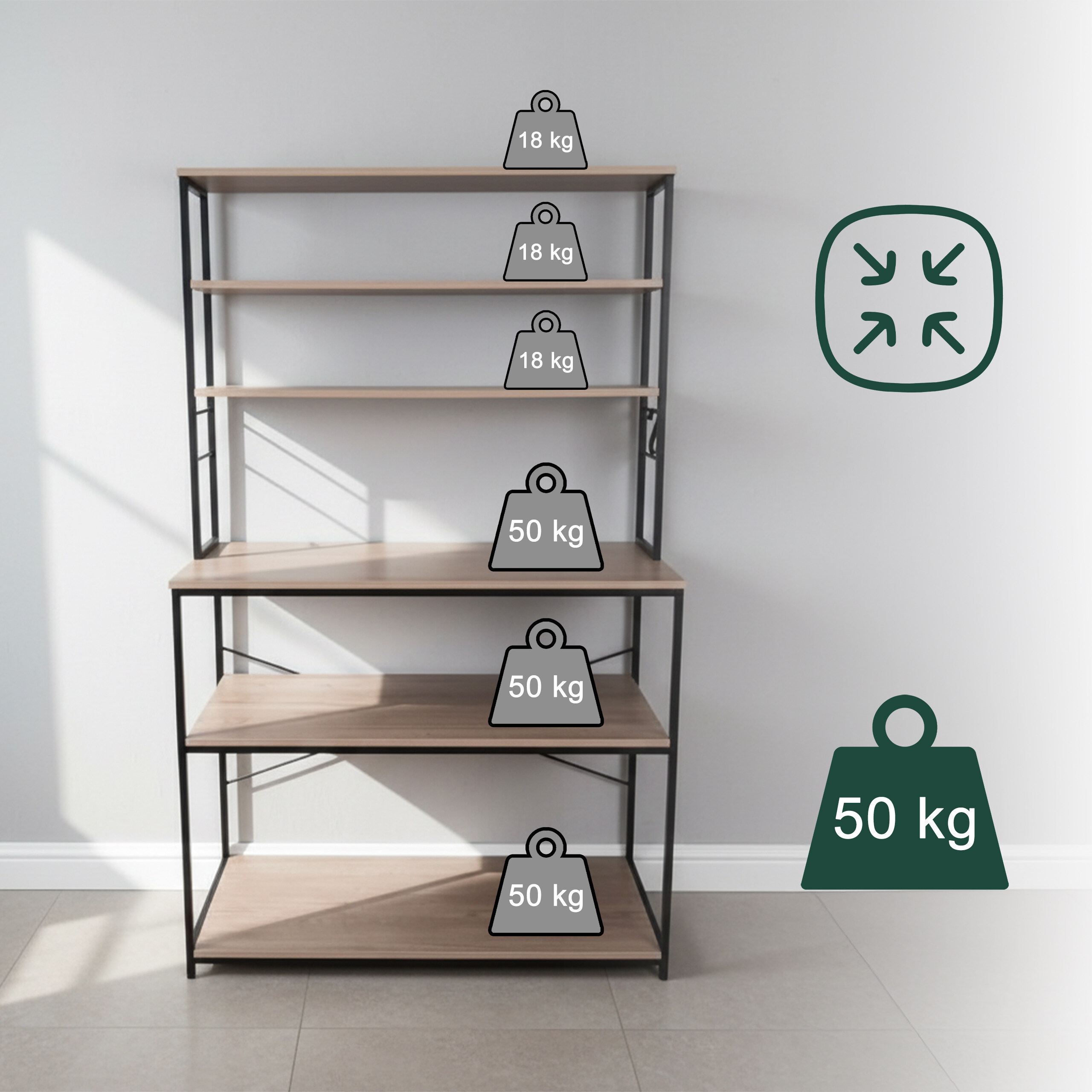 Ein Holzregal mit schwarzem Metallgestell und Gewichtssymbolen vor einer grauen Wand.