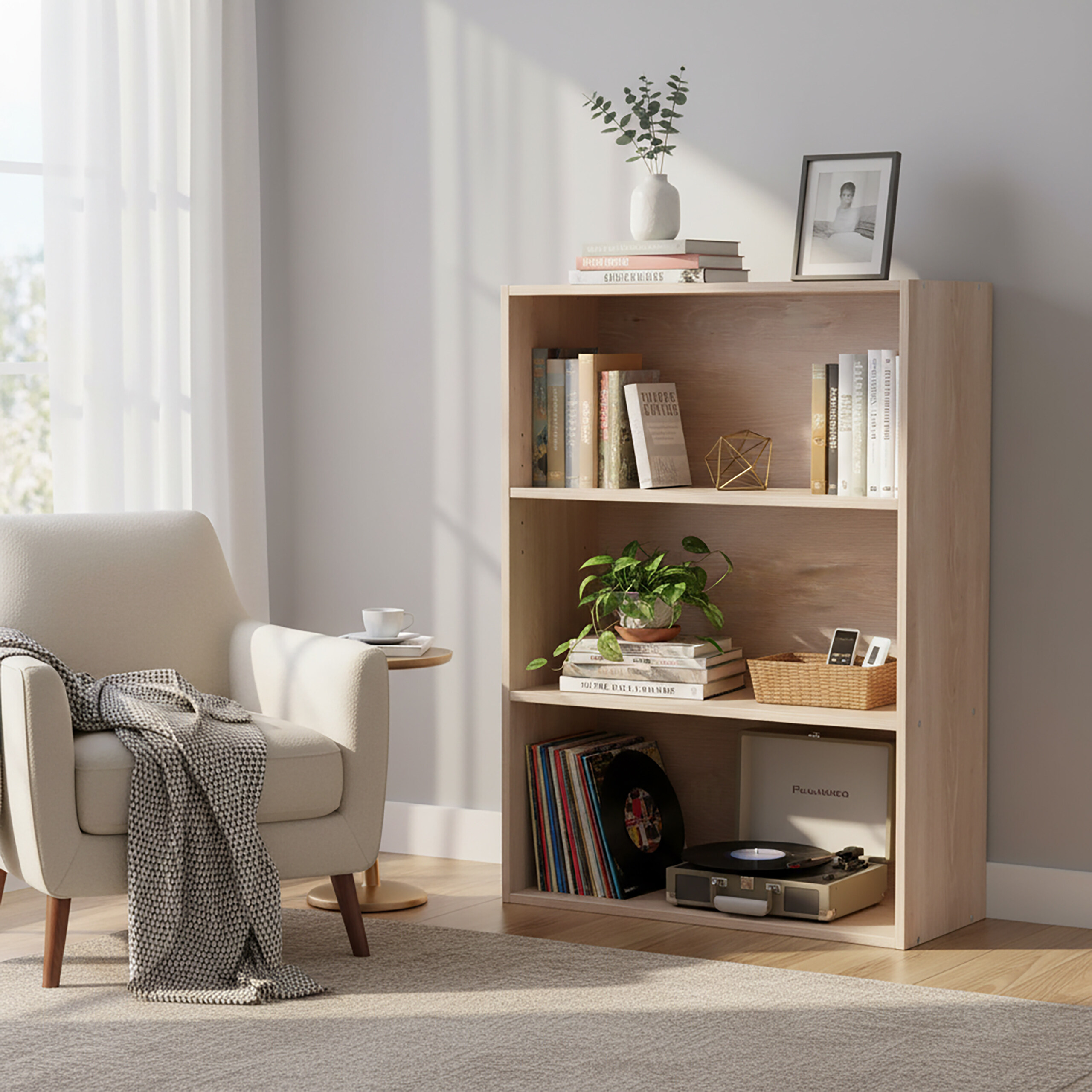Ein Bücherregal mit Büchern, Platten und einem Plattenspieler steht neben einem Sessel mit Decke.