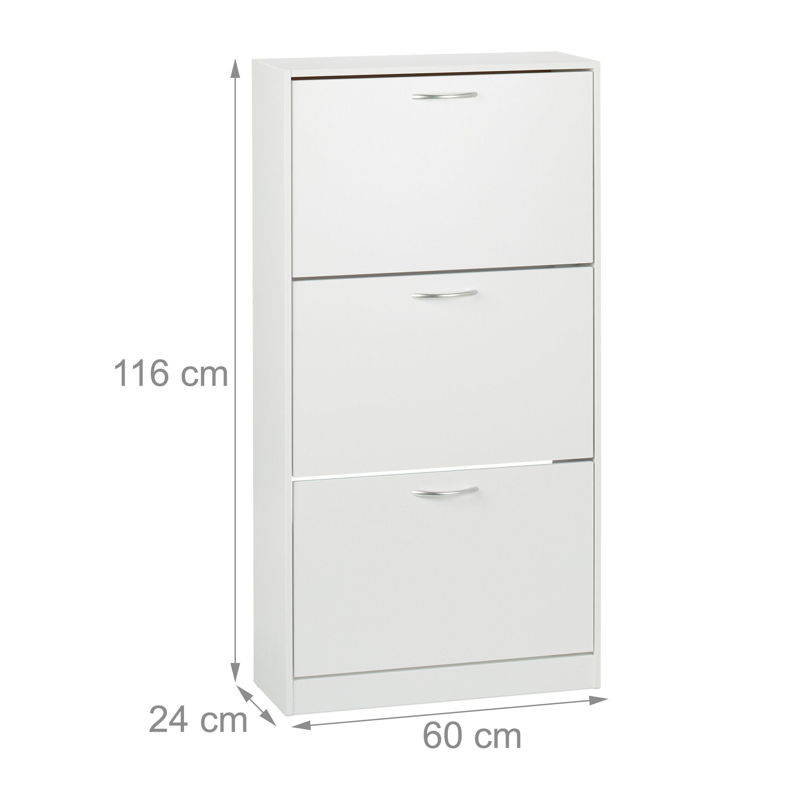 Weißer Schuhschrank mit drei Klappfächern und silbernen Griffen, Maße 116x60x24 cm.