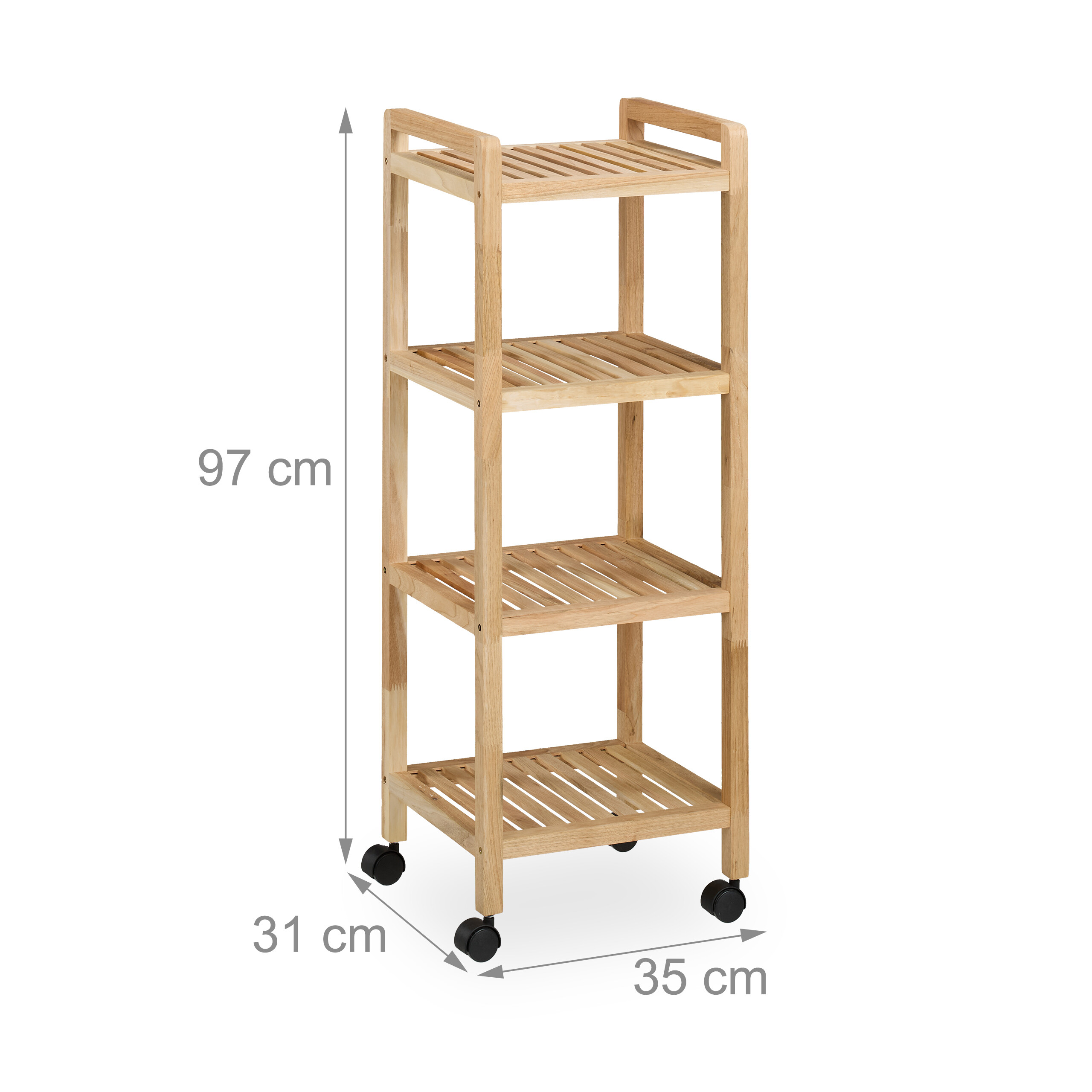 Ein vierstöckiges Holzregal mit Rollen und Abmessungen von 35x31x97 cm auf weißem Hintergrund.