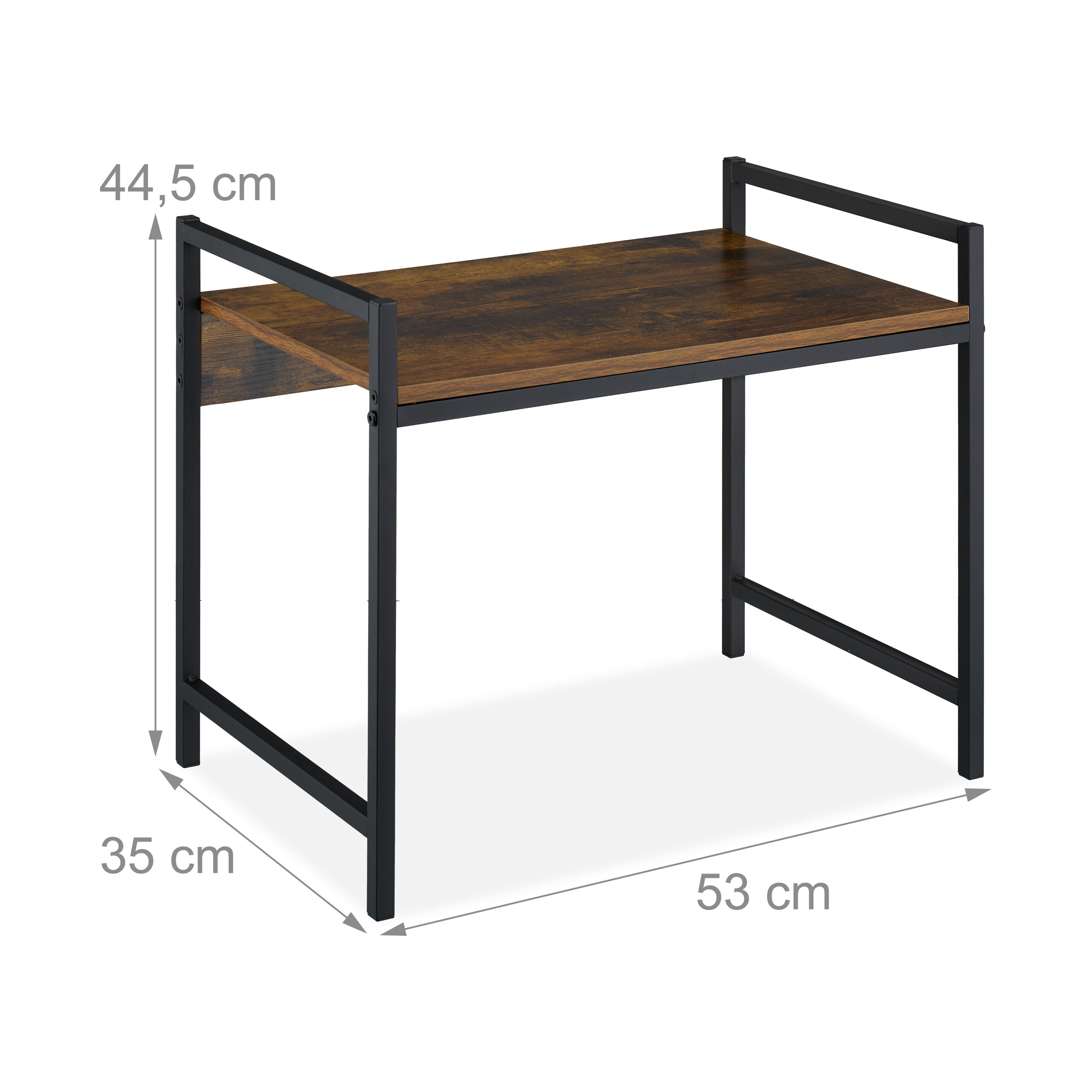 Holzregal mit schwarzem Metallgestell und Abmessungen von 53x35x44,5 cm auf weißem Hintergrund.