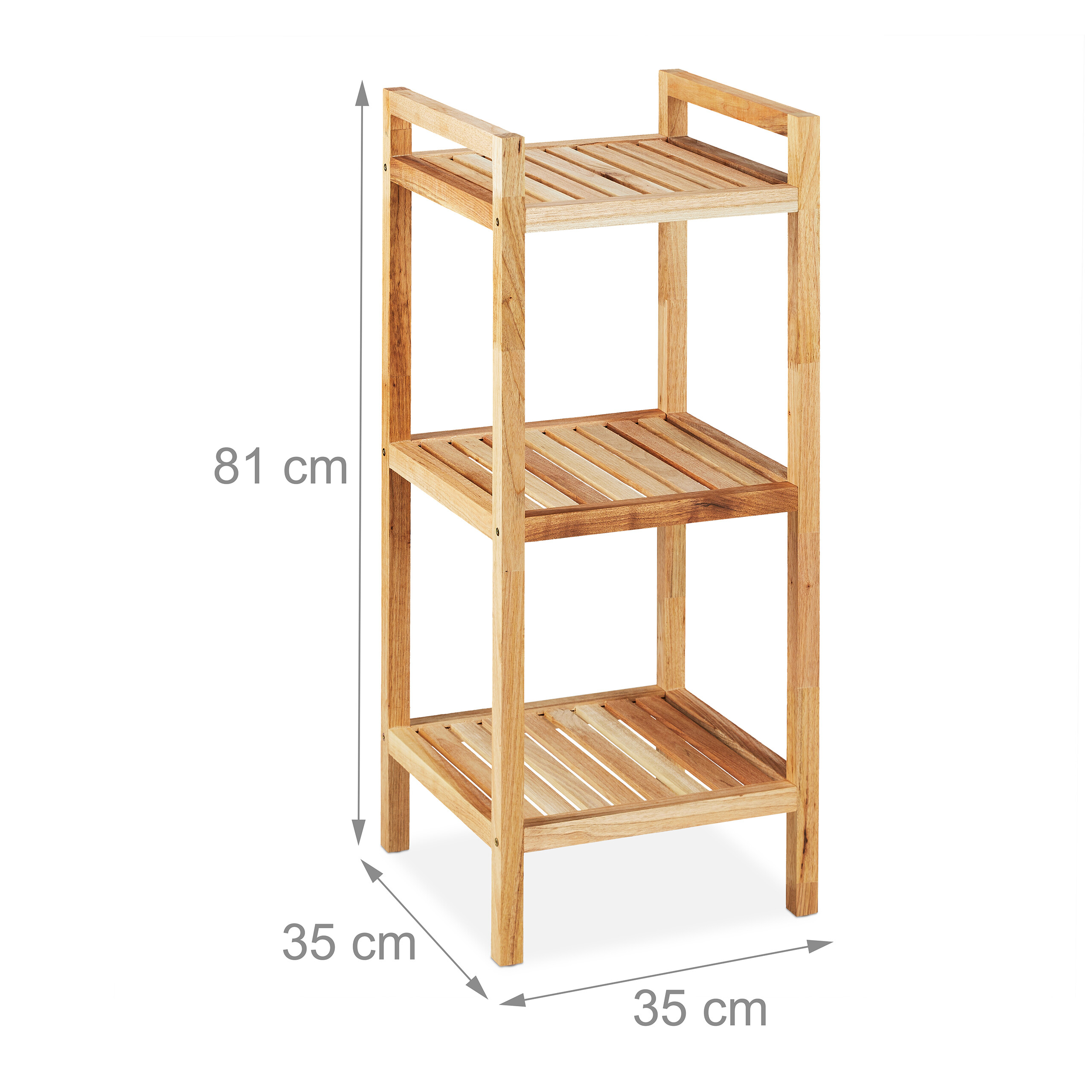 Ein dreistöckiges Holzregal mit den Maßen 81 cm Höhe, 35 cm Breite und 35 cm Tiefe vor weißem Hintergrund.