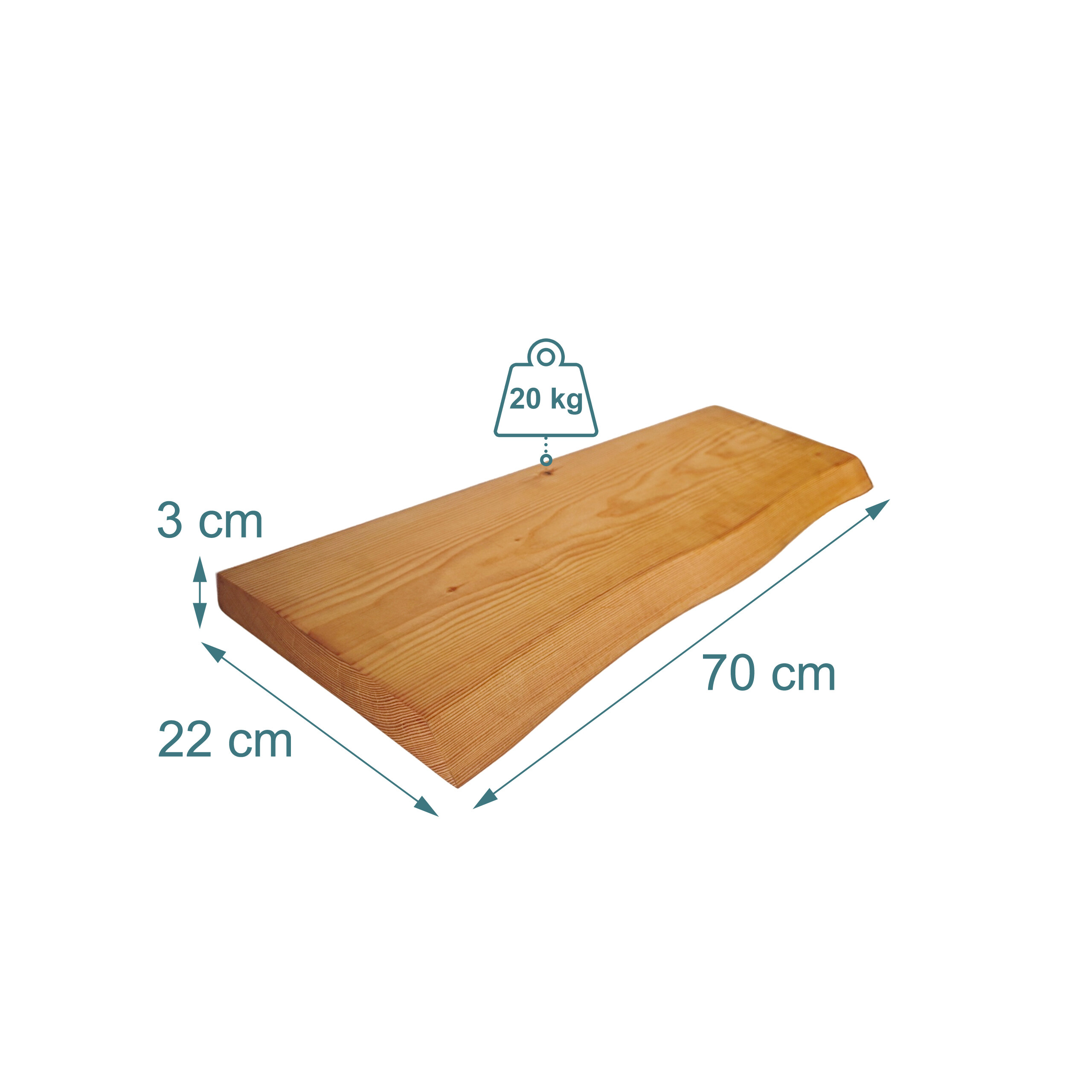 Holzregal mit den Maßen 70x22x3 cm und einer maximalen Tragkraft von 20 kg.