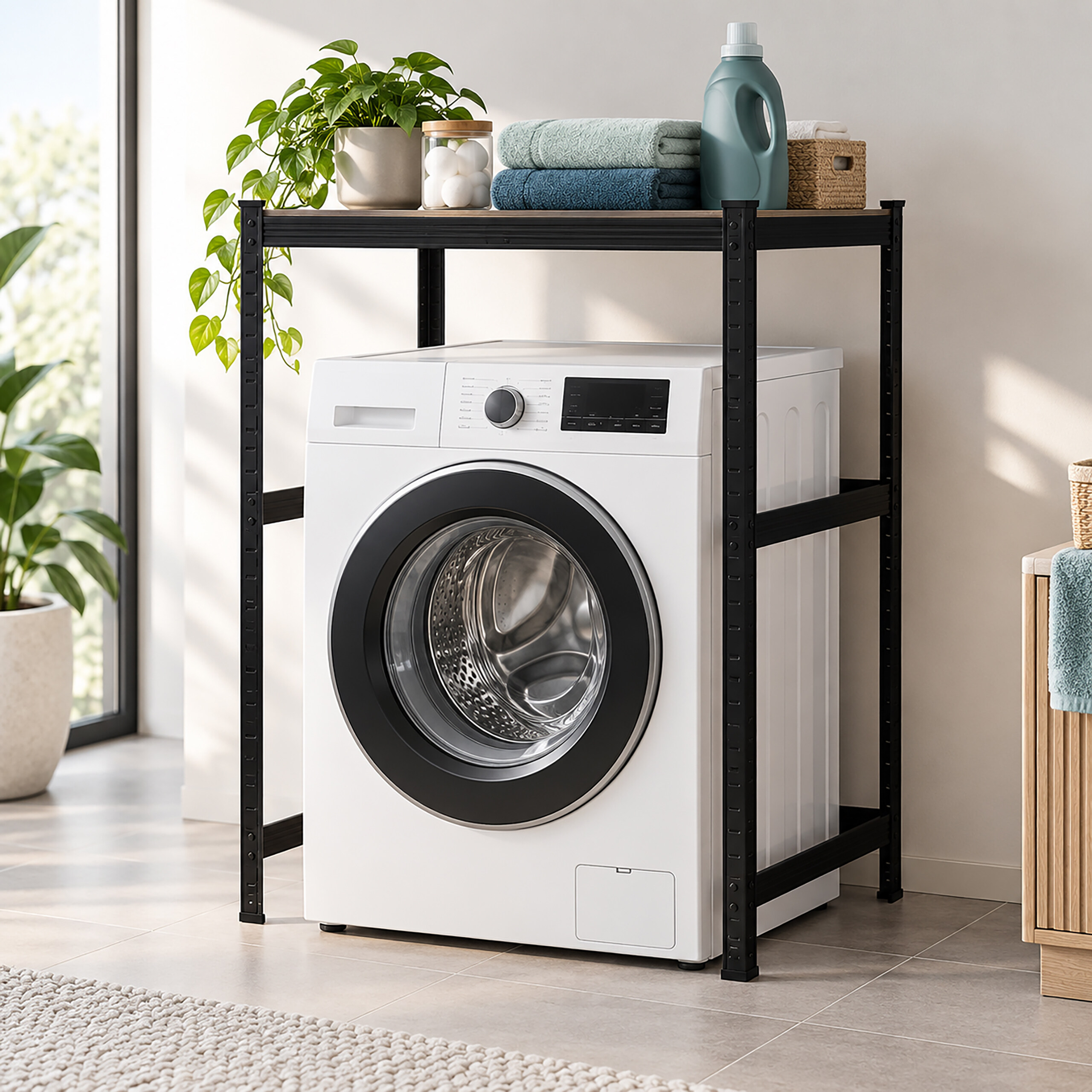 Eine weiße Waschmaschine unter einem schwarzen Metallregal mit Handtüchern, Waschmittel und einer Pflanze.
