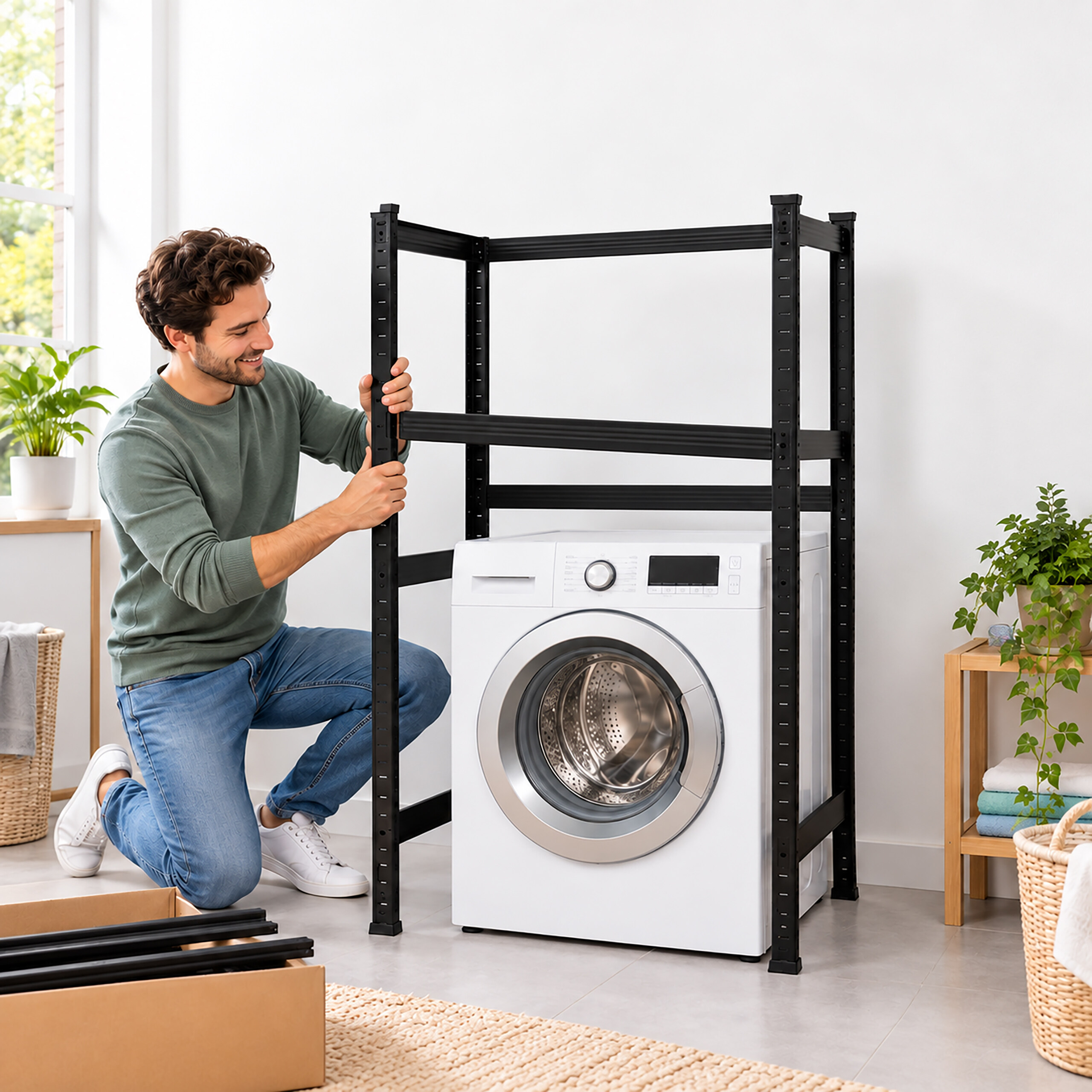 Ein Mann kniet und montiert ein schwarzes Regal über einer weißen Waschmaschine.
