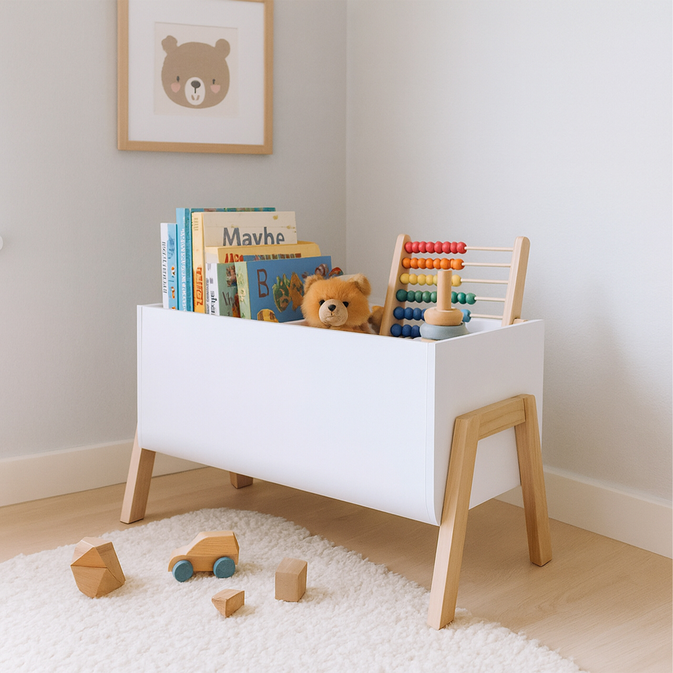Weiße Spielzeugkiste aus Holz mit Büchern, Bärenplüschtier, Abakus und Holzspielzeug auf weißem Teppich.