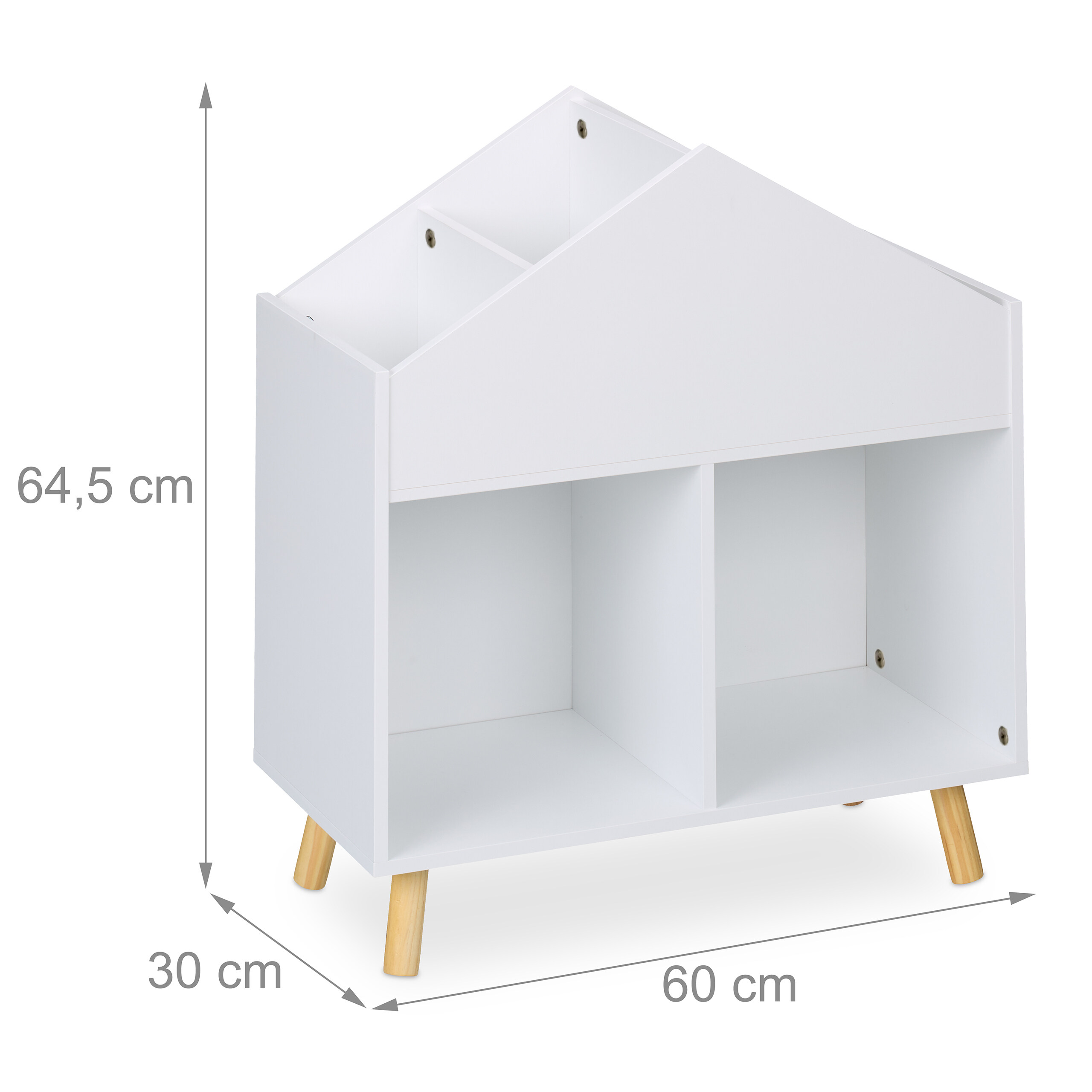 Weißes Holzhaus-Bücherregal mit hellen Holzbeinen, 64,5x60x30 cm.