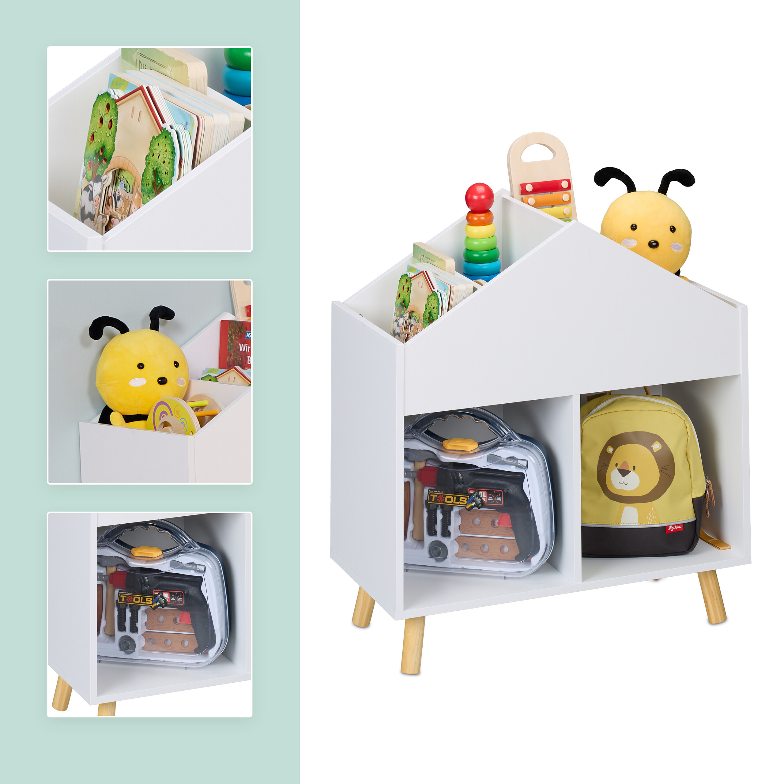 Weißes Kinderregal in Hausform mit Holzbeinen, gefüllt mit Spielzeug, Büchern, Plüschtier und Rucksack.
