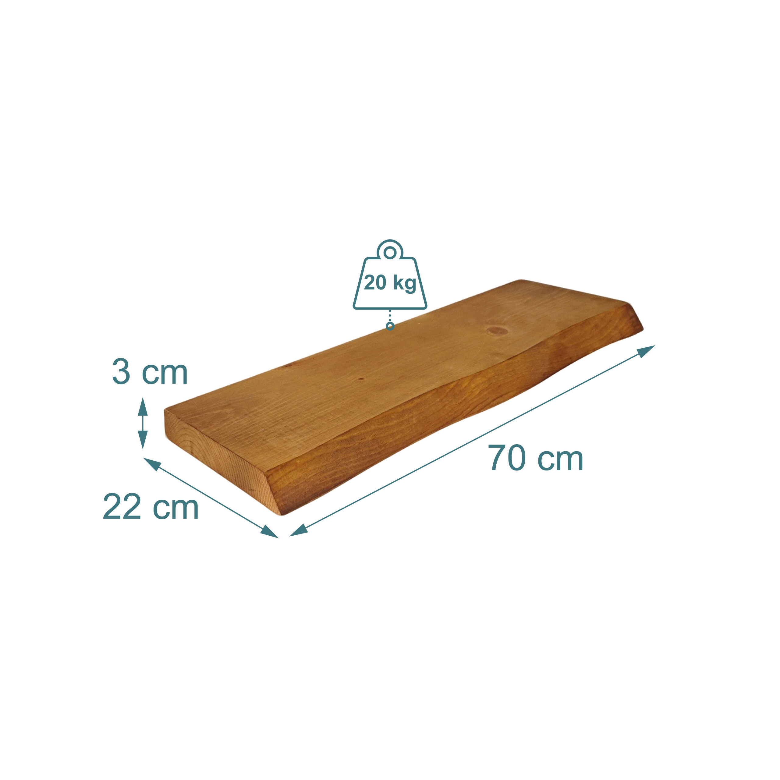 Ein hölzernes Regalbrett, 70 cm lang, 22 cm tief, 3 cm dick, hält bis zu 20 kg.