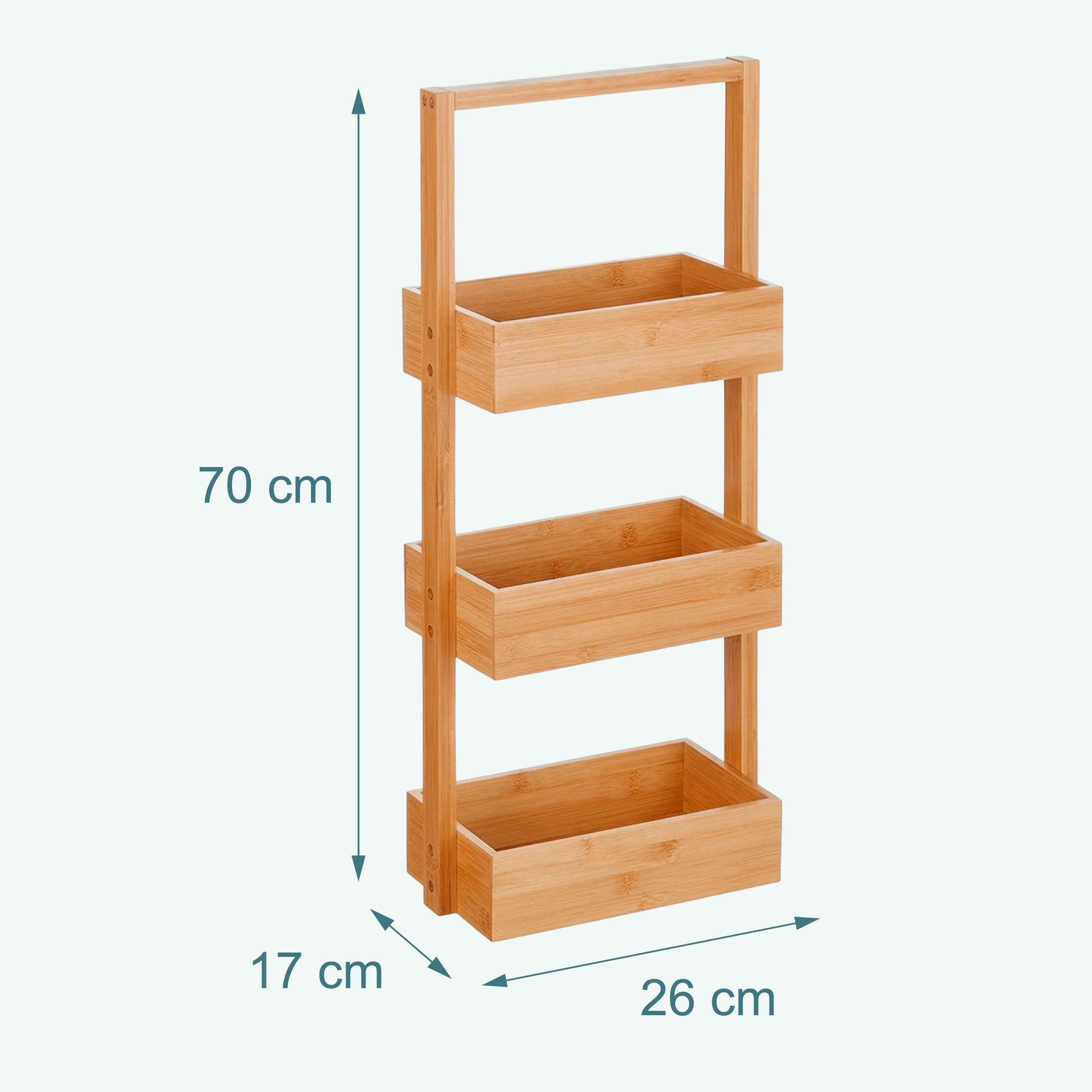 Bambusregal mit drei Ebenen und Maßangaben: 70 cm hoch, 26 cm breit, 17 cm tief.