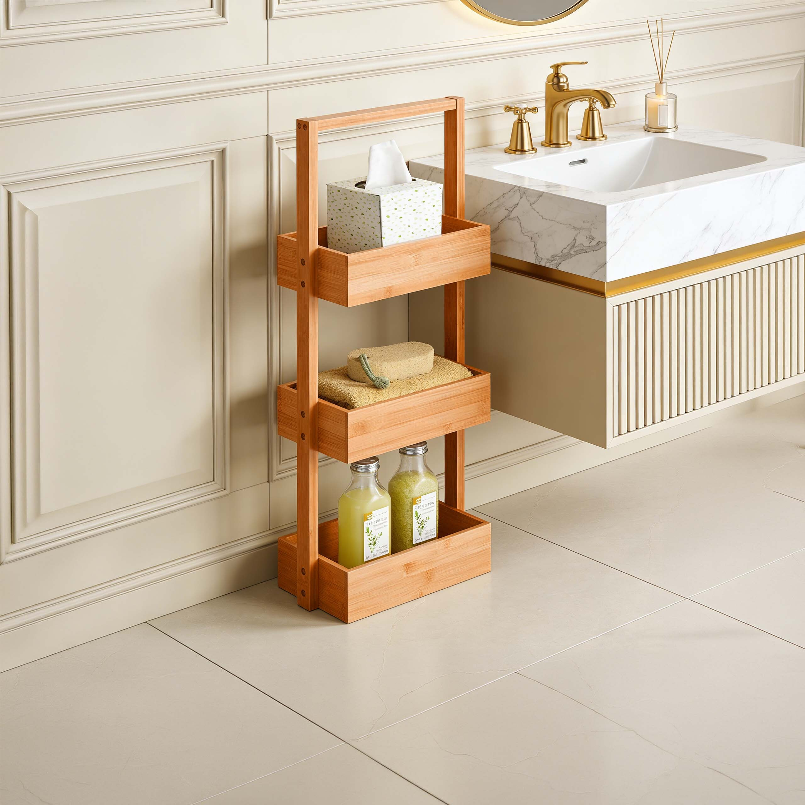 Ein dreistöckiges Bambusregal in einem hellen Badezimmer mit Badartikeln, neben einem Waschbecken mit goldenem Wasserhahn.