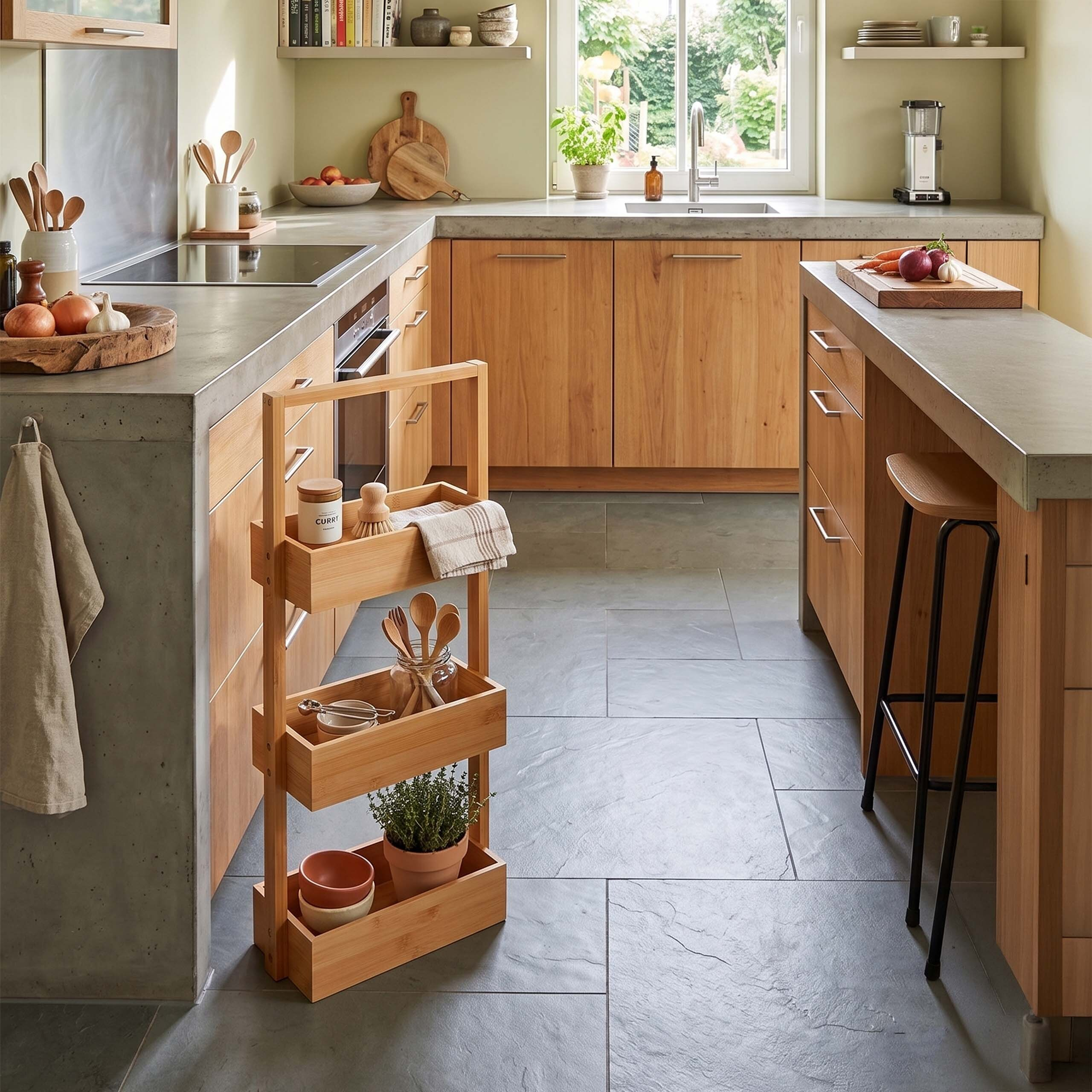 Eine moderne Küche mit Holzschränken, einer Kücheninsel und einem dreistöckigen Holzregal im Vordergrund.