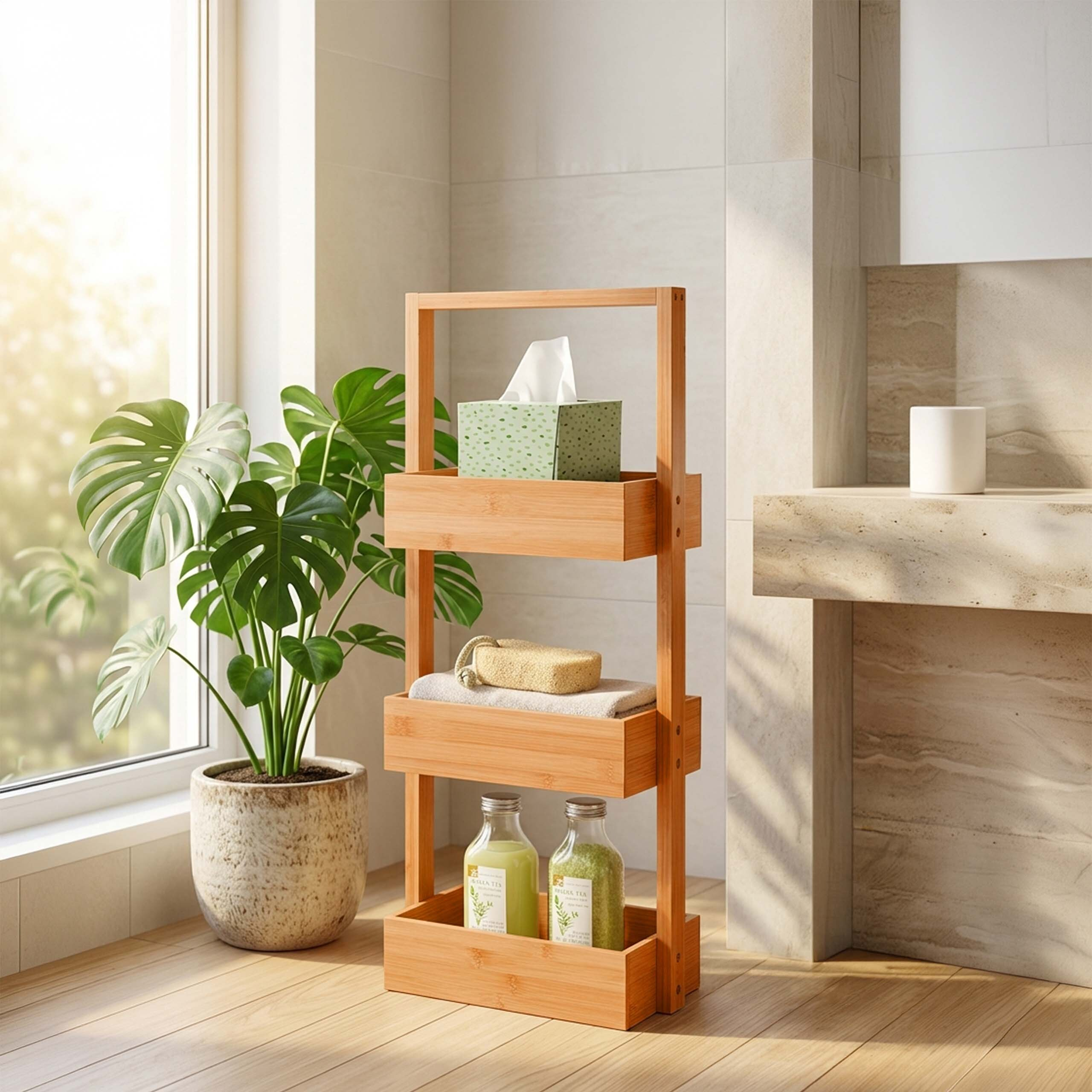 Bambusregal im Badezimmer mit Tissue-Box, Handtuch, Schwamm und Glasflaschen, neben einer Topfpflanze.