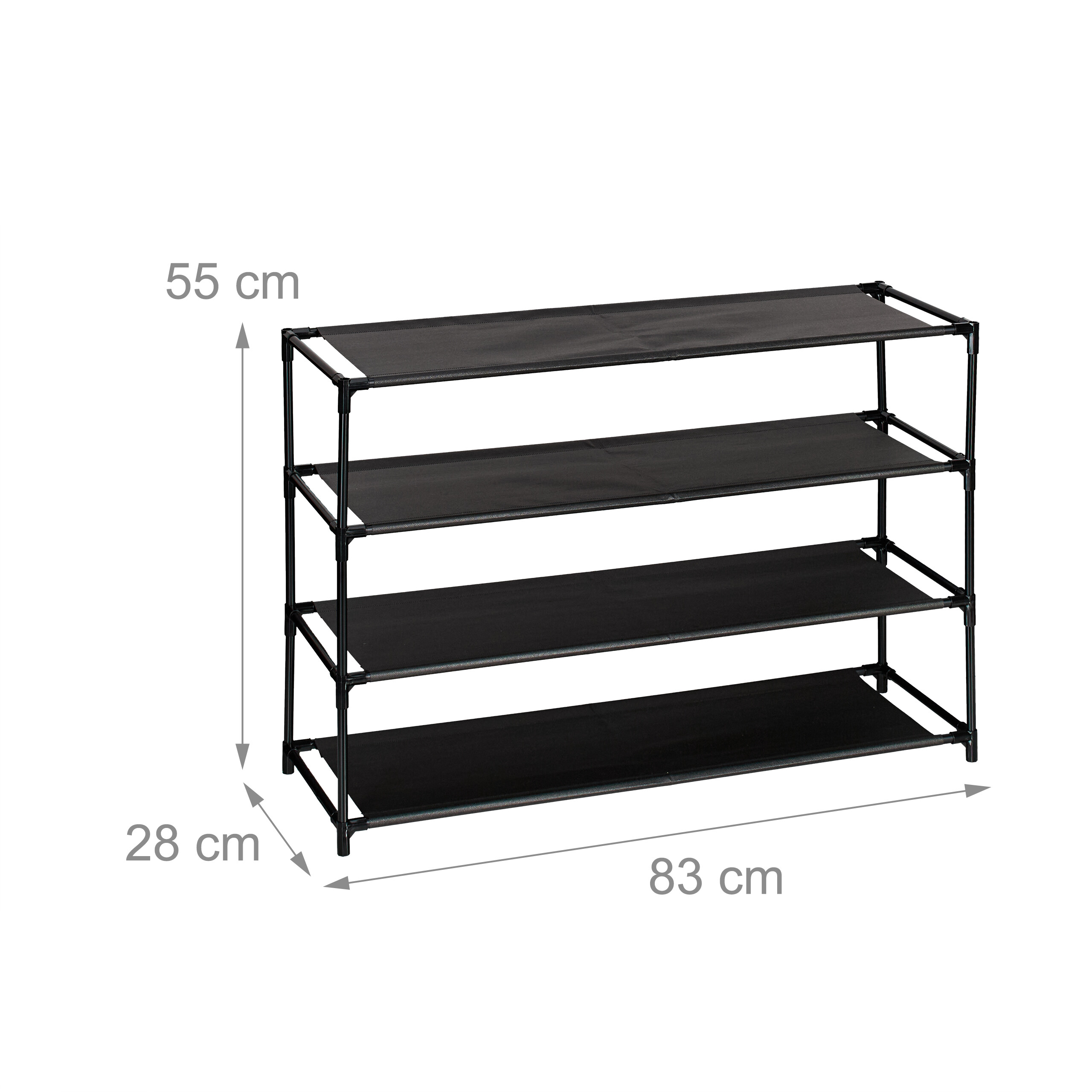 Schwarzes 4-Ebenen-Schuhregal mit Abmessungen 83x28x55 cm.