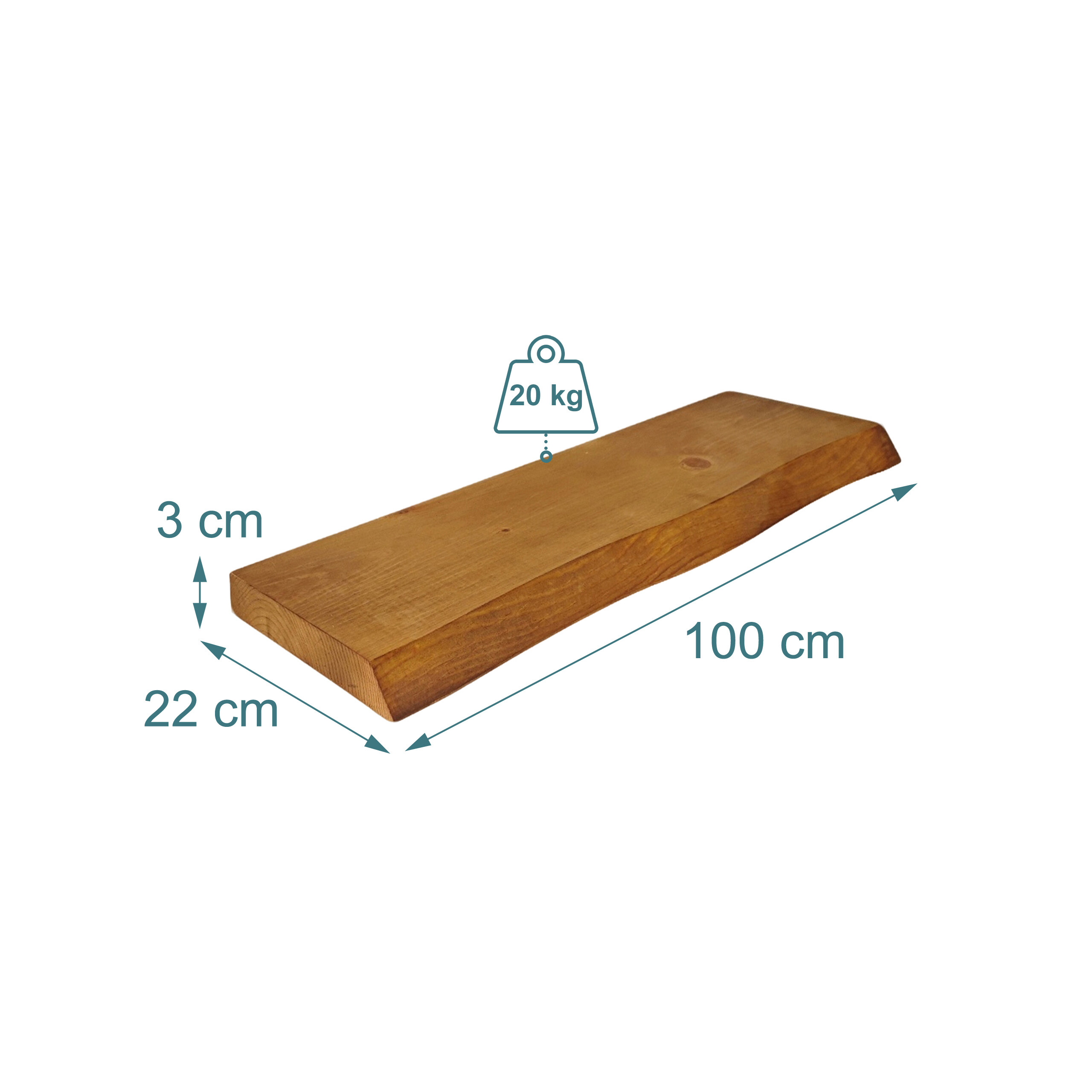 Braunes Holzregal, 100x22x3 cm, trägt bis zu 20 kg.