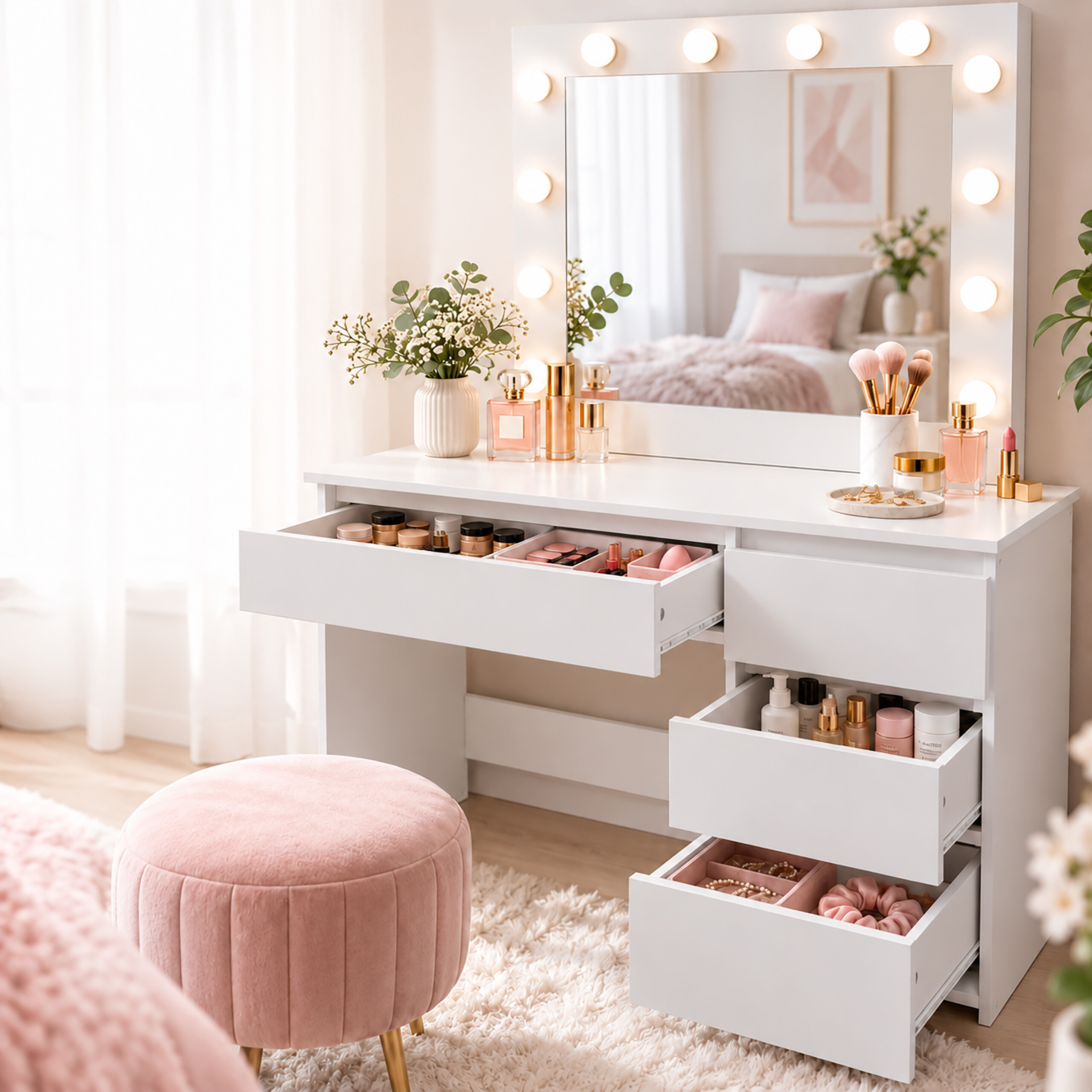Ein weißer Schminktisch mit beleuchtetem Spiegel, Make-up, Blumen und einem runden rosa Hocker davor.