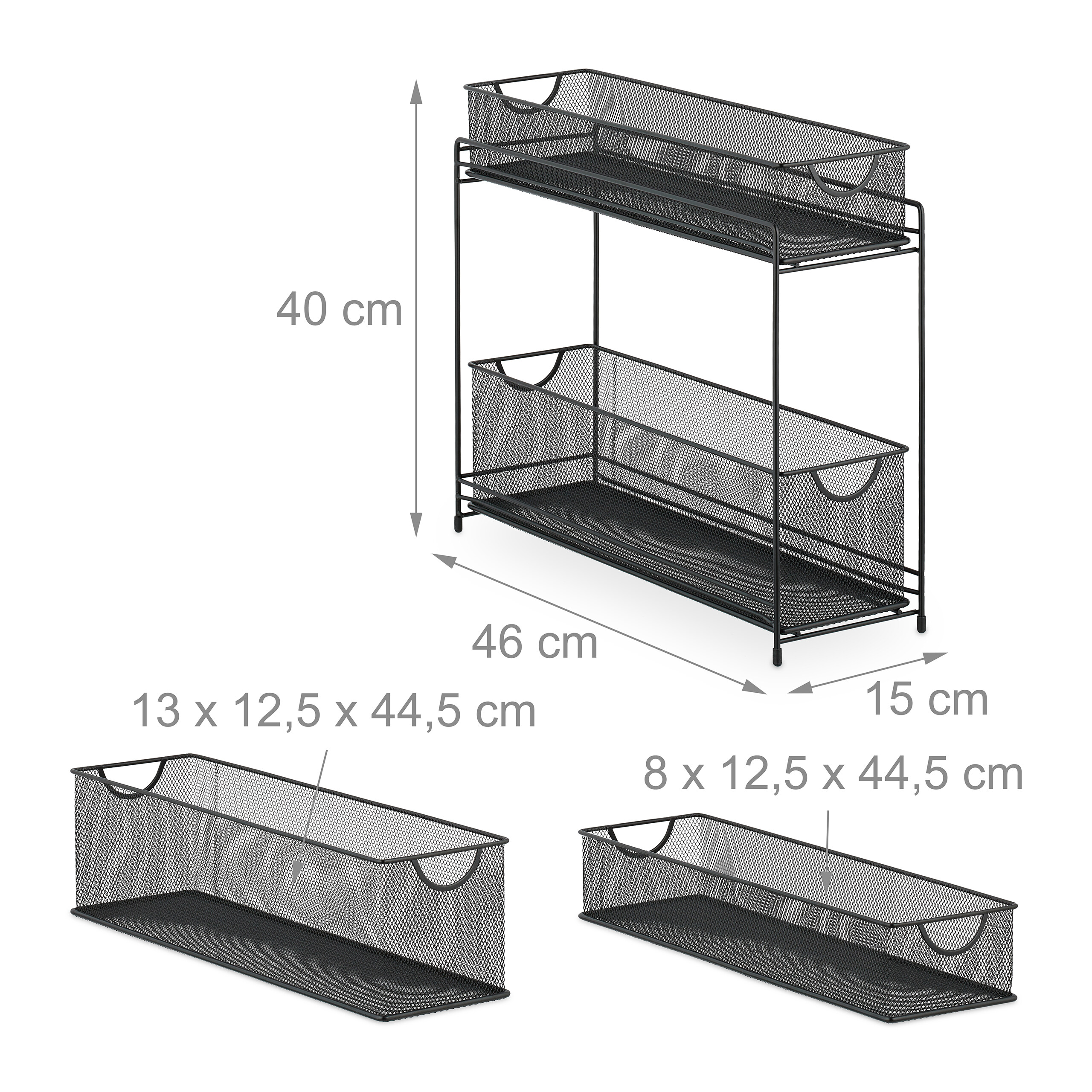 Zweistöckiges schwarzes Metallgitter-Regal mit Maßen.