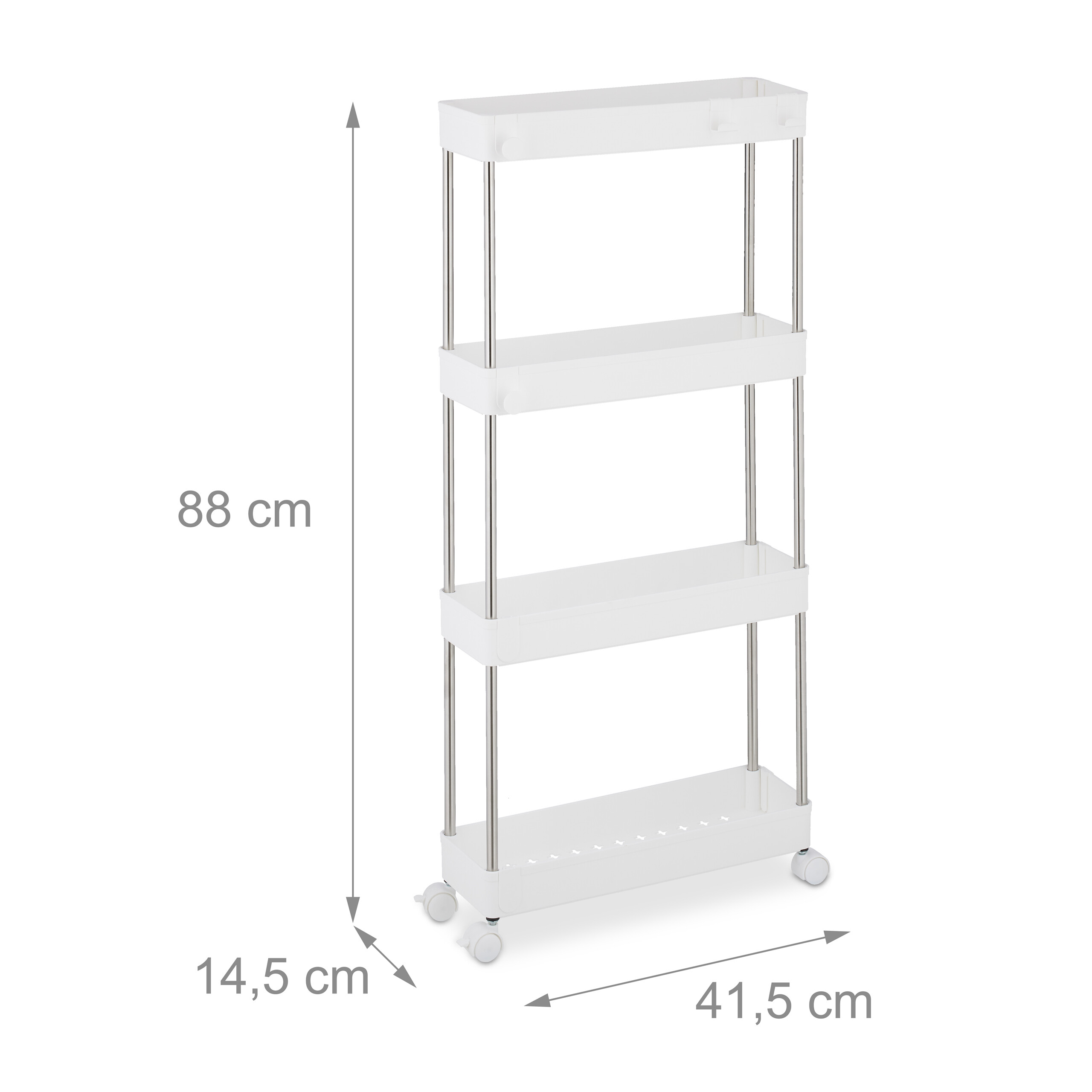 Schlankes weißes 4-stöckiges Regal auf Rollen mit den Maßen 41,5x14,5x88 cm auf weißem Hintergrund.