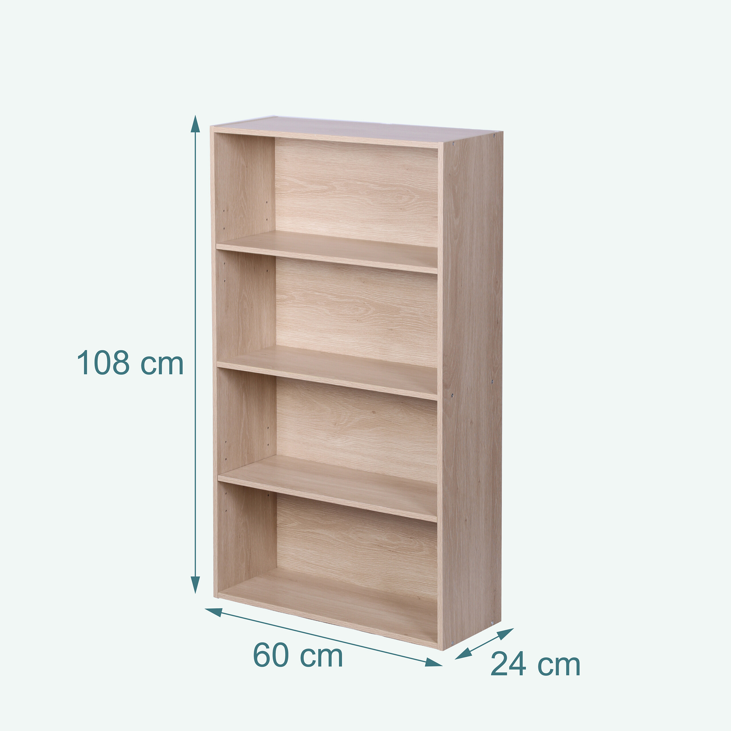 Ein helles Holzregal mit vier Fächern, Maße: Höhe 108 cm, Breite 60 cm, Tiefe 24 cm.