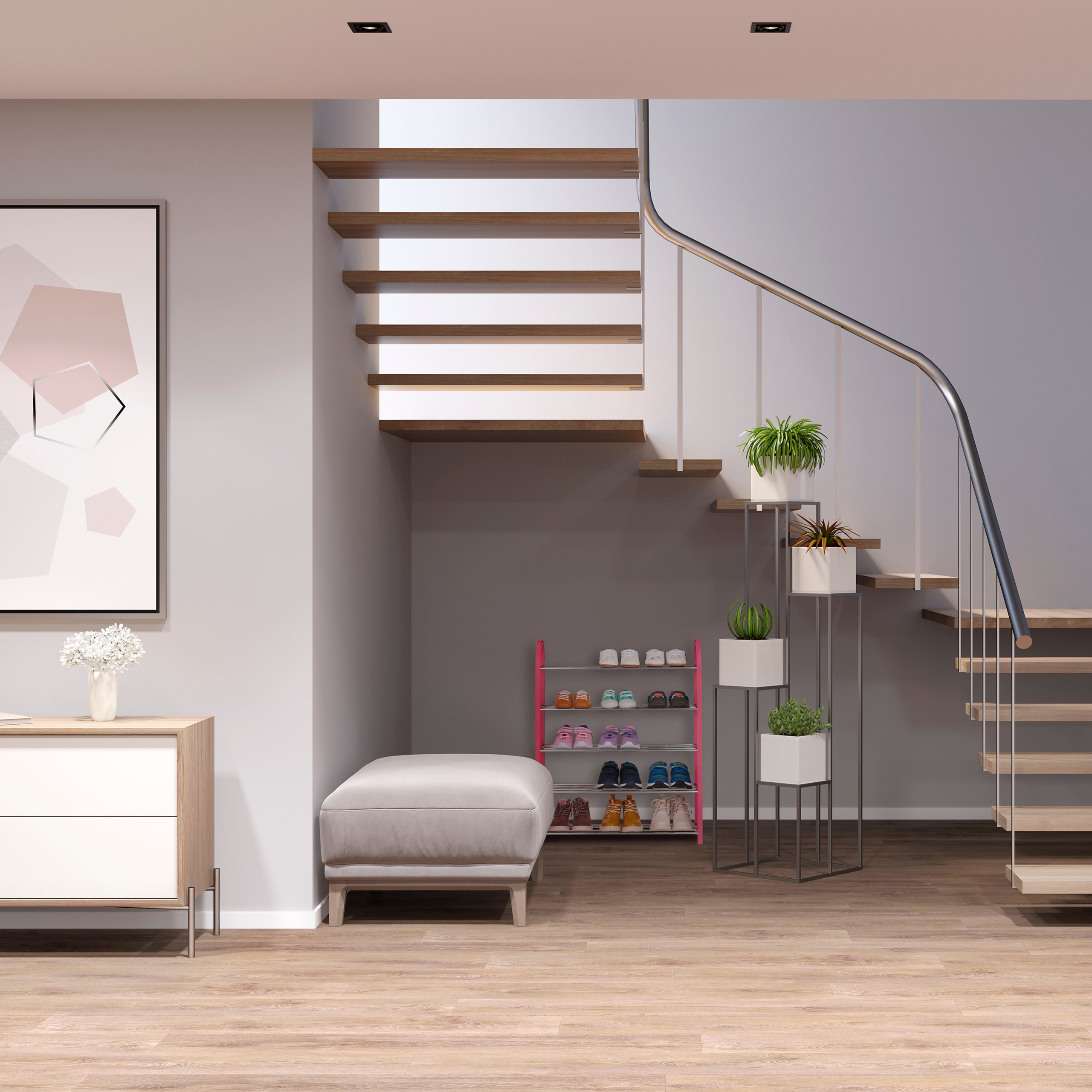 Moderne Treppe mit Holzstufen, hellem Fußboden, grauem Hocker, Pflanzen und einem Sideboard mit Kunstwerk.