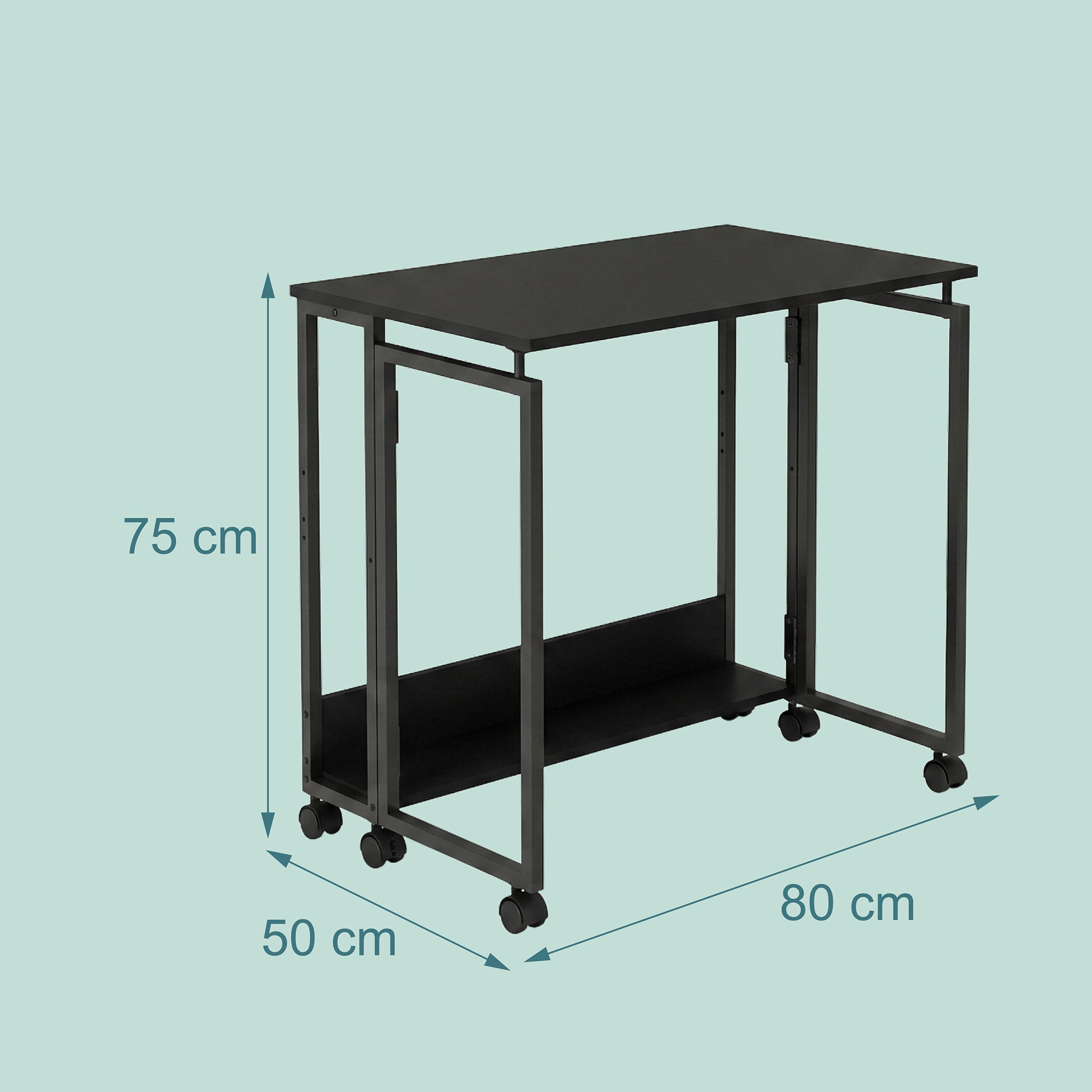 Ein schwarzer Klapptisch mit Maßen 80 cm Breite, 50 cm Tiefe und 75 cm Höhe auf Rollen vor hellem Hintergrund.