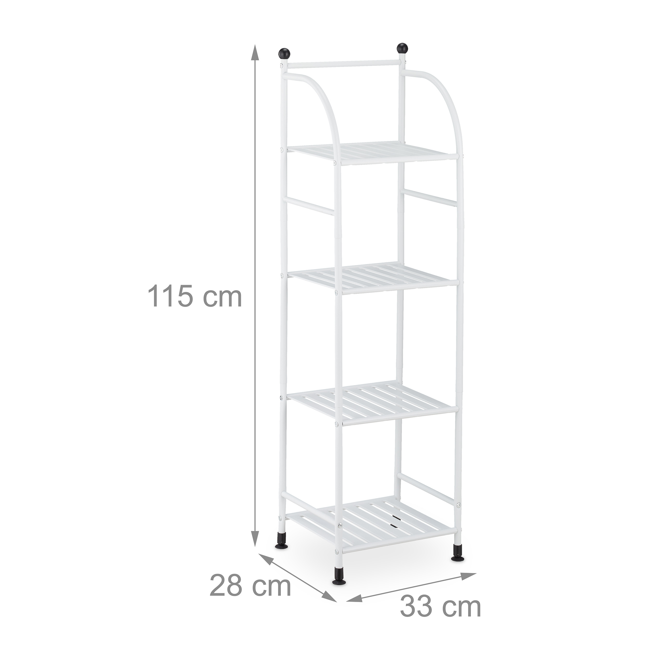 Ein weißes Metallregal mit vier Böden, Höhe 115 cm, Breite 33 cm und Tiefe 28 cm.