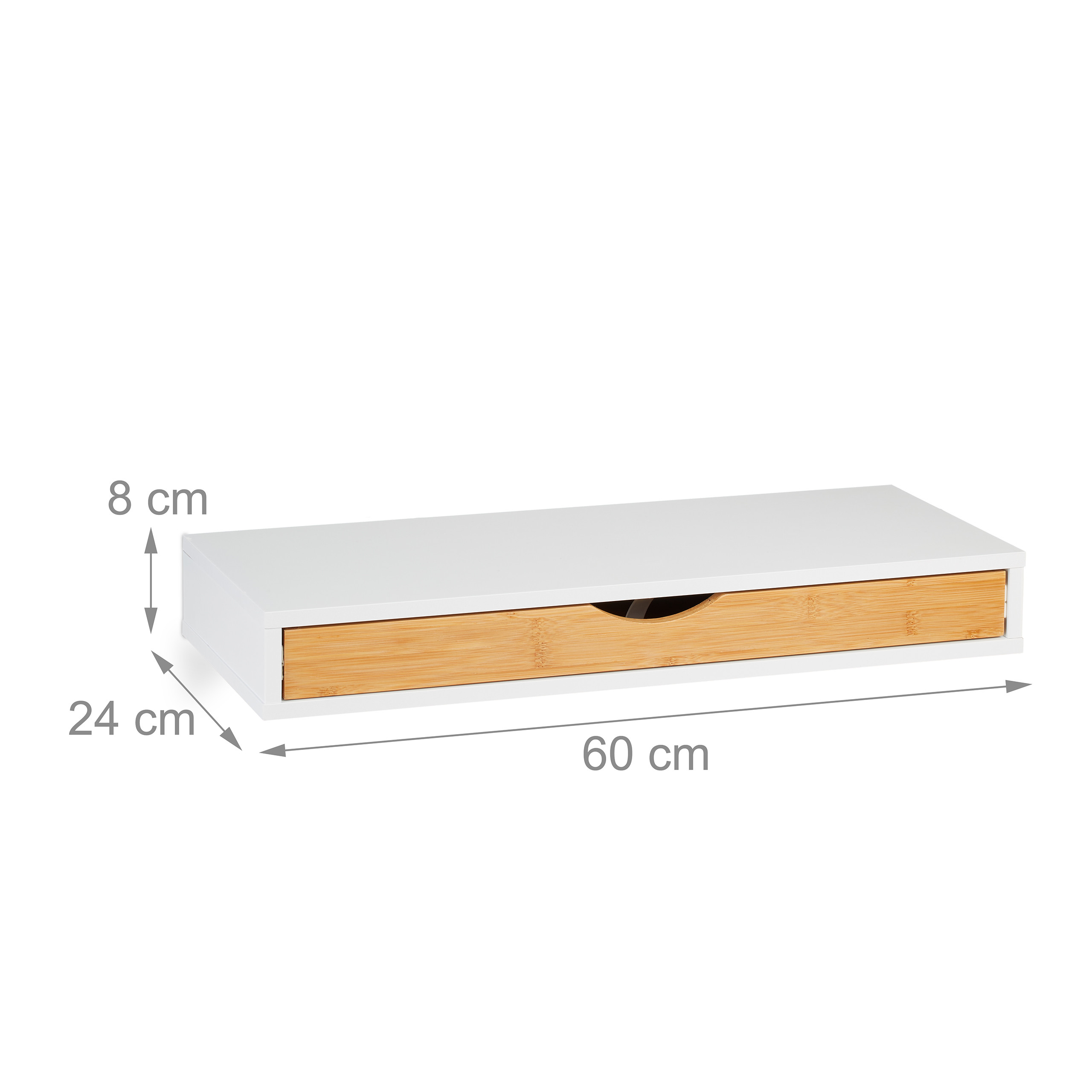 Weißes Wandregal mit Schublade aus Holz, Maße 60x24x8 cm.