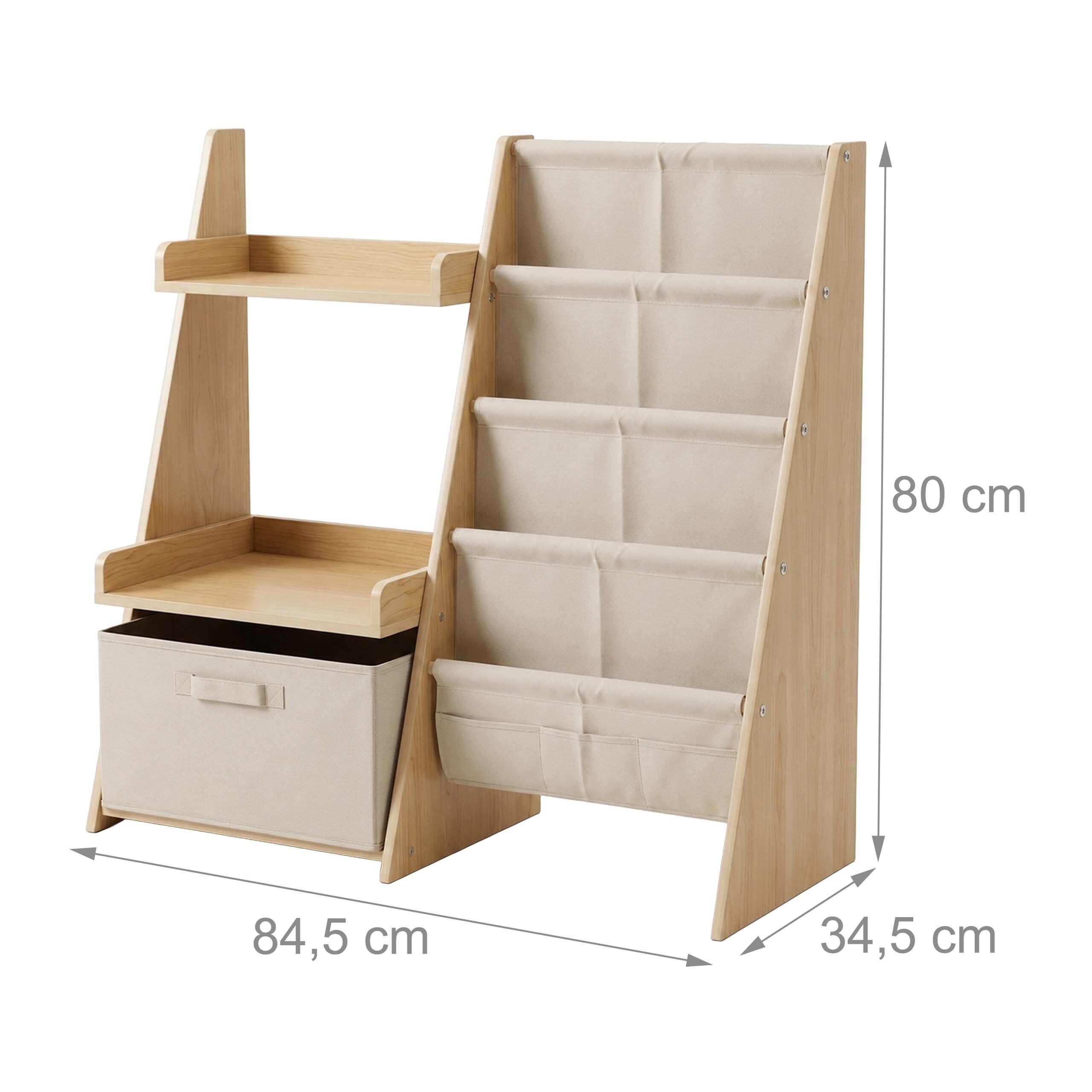 Kinderbuchregal aus Holz mit vier Textiltaschen, Ablage und Aufbewahrungsbox unten, Maße 84,5x34,5x80 cm.