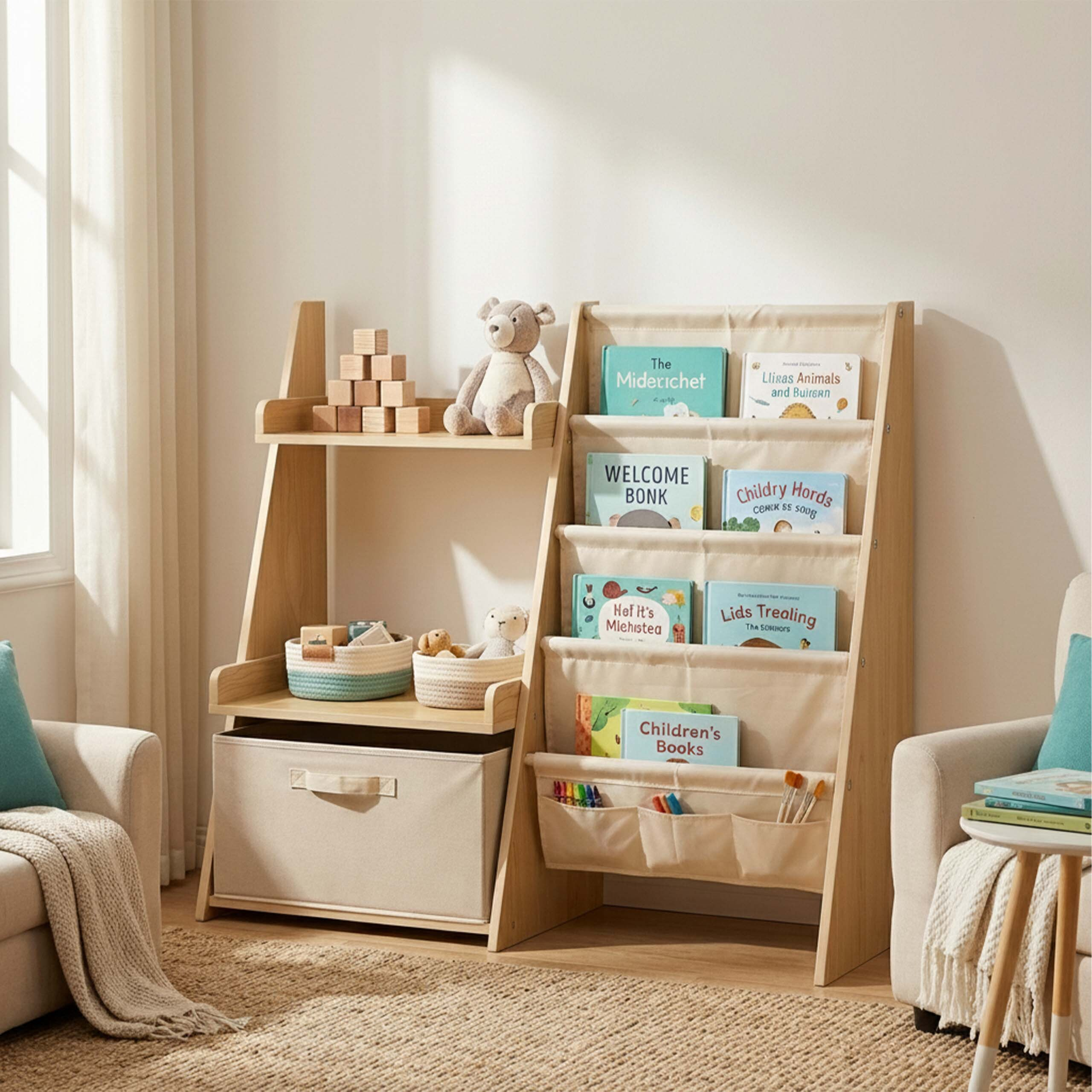 Holzregal mit Stofftaschen für Kinderbücher, Kuscheltieren und Aufbewahrungsboxen im hellen Zimmer.
