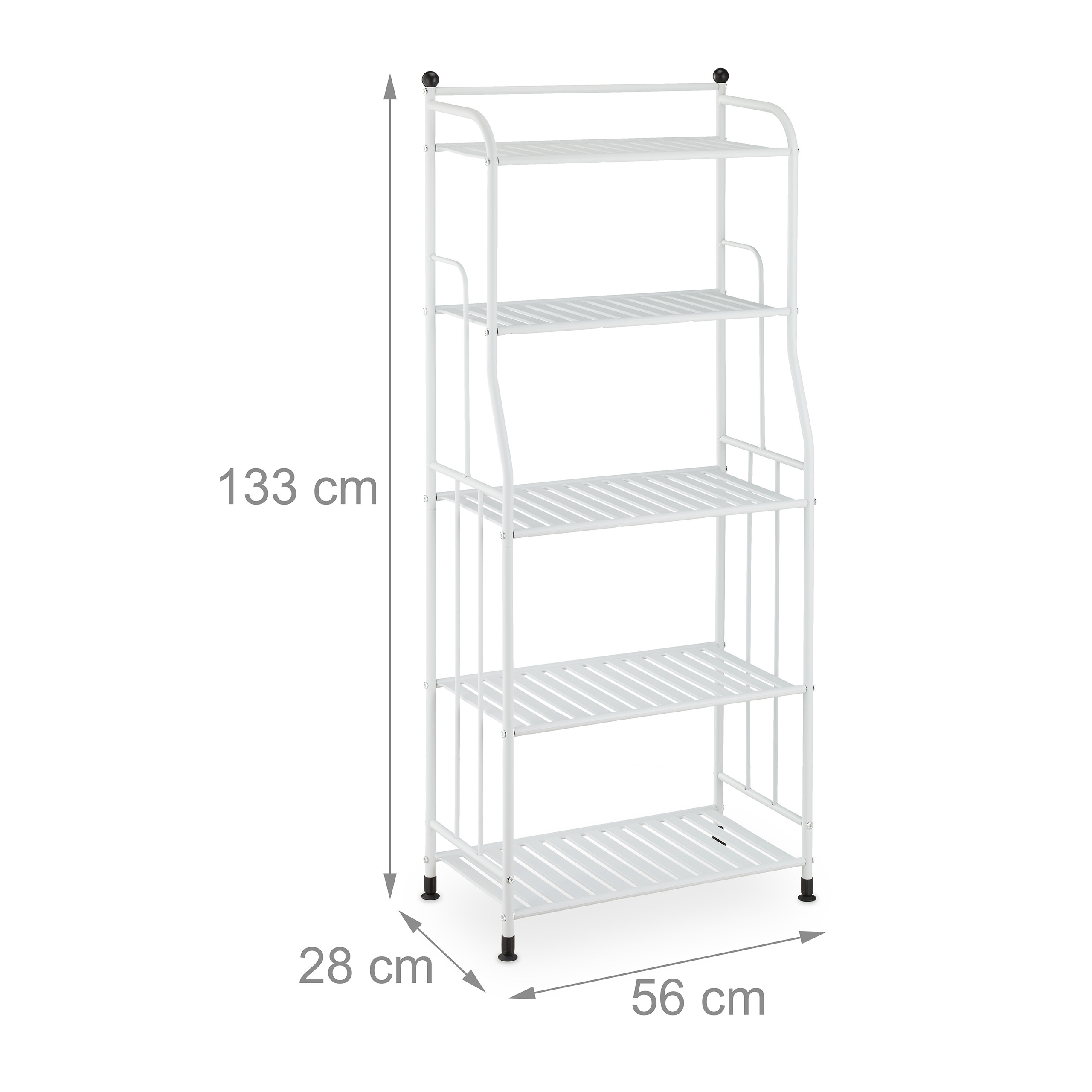Weißes, fünfstöckiges Metallregal mit Maßen von 133 cm Höhe, 56 cm Breite und 28 cm Tiefe.