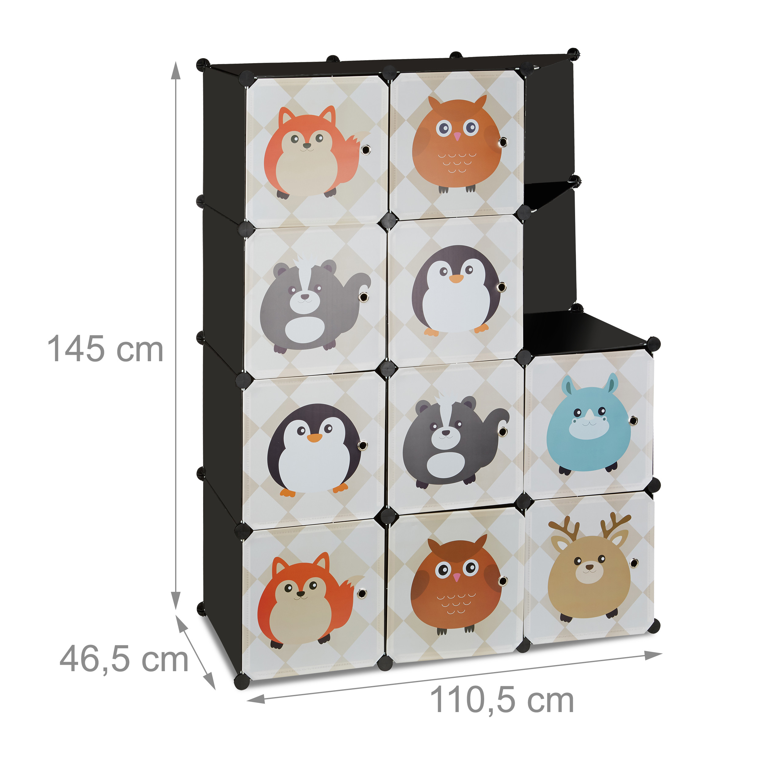 Modulares Kinderregal aus schwarzen Kunststoffelementen mit bunten Tiermotiven auf den Türen und Maßangaben.