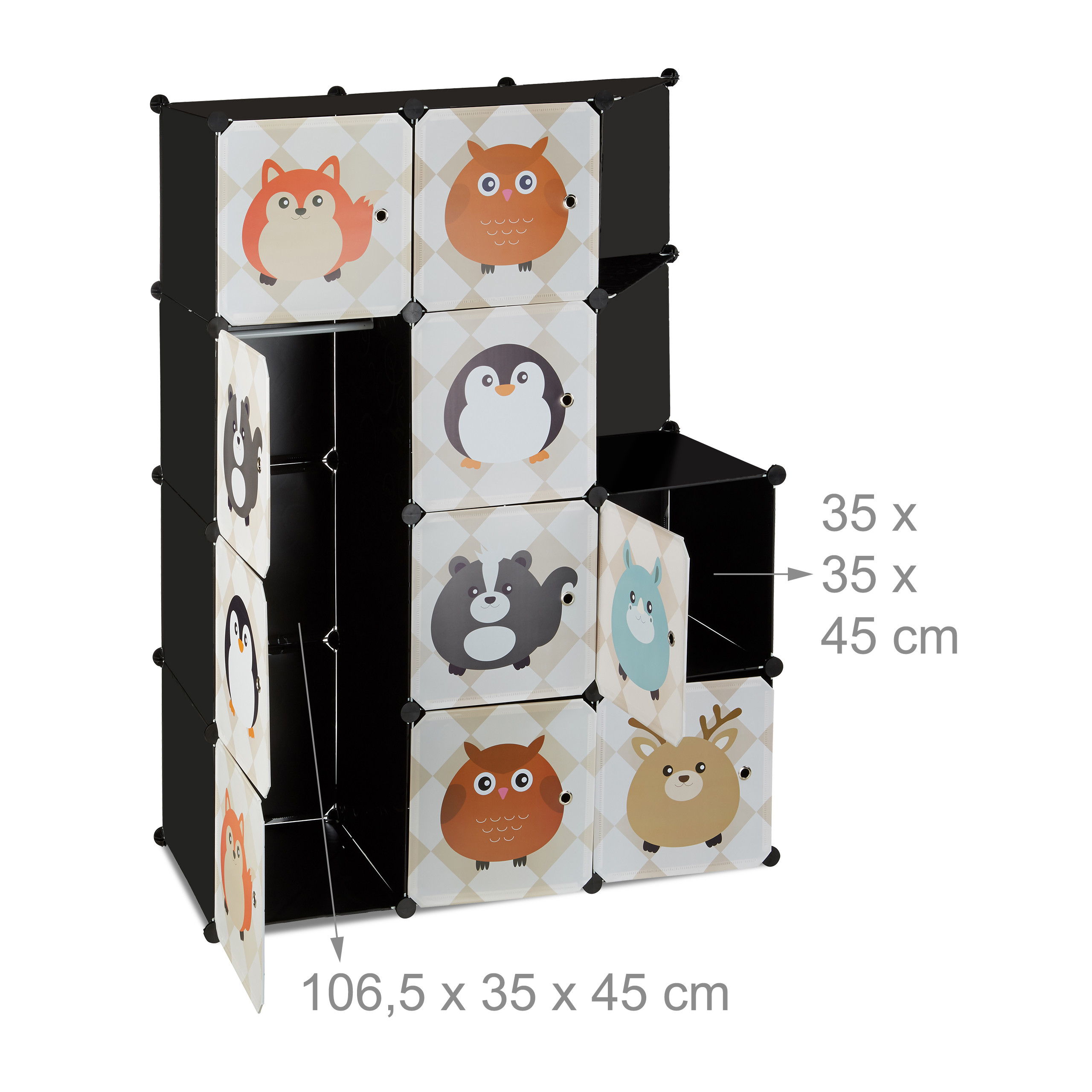 Schwarzes Steckregal für Kinder mit Tiermotiven auf den Türen und Maßangaben.