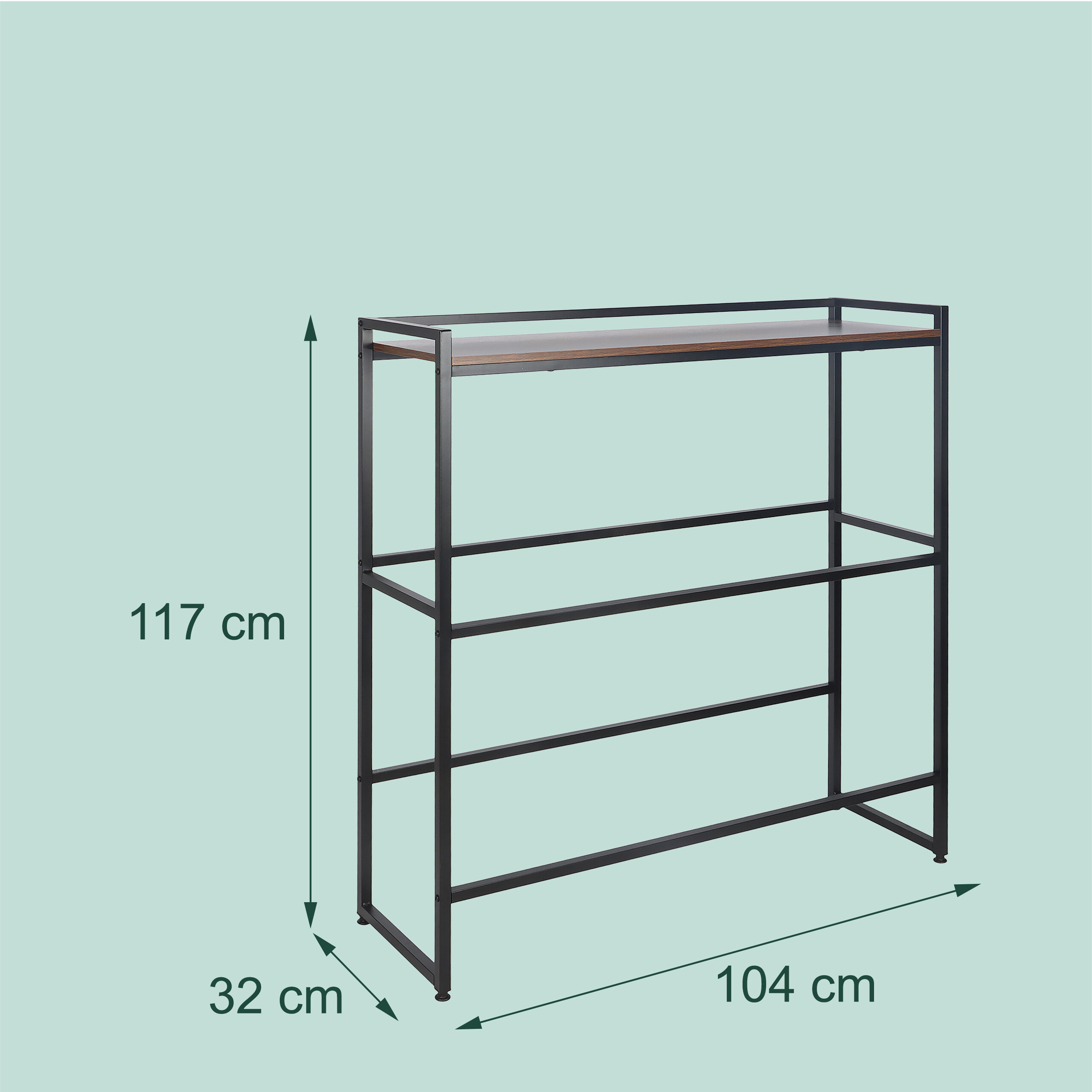 Ein schwarzer Metall- und Holzkonsolentisch mit 117 cm Höhe, 104 cm Breite und 32 cm Tiefe vor hellgrünem Hintergrund.
