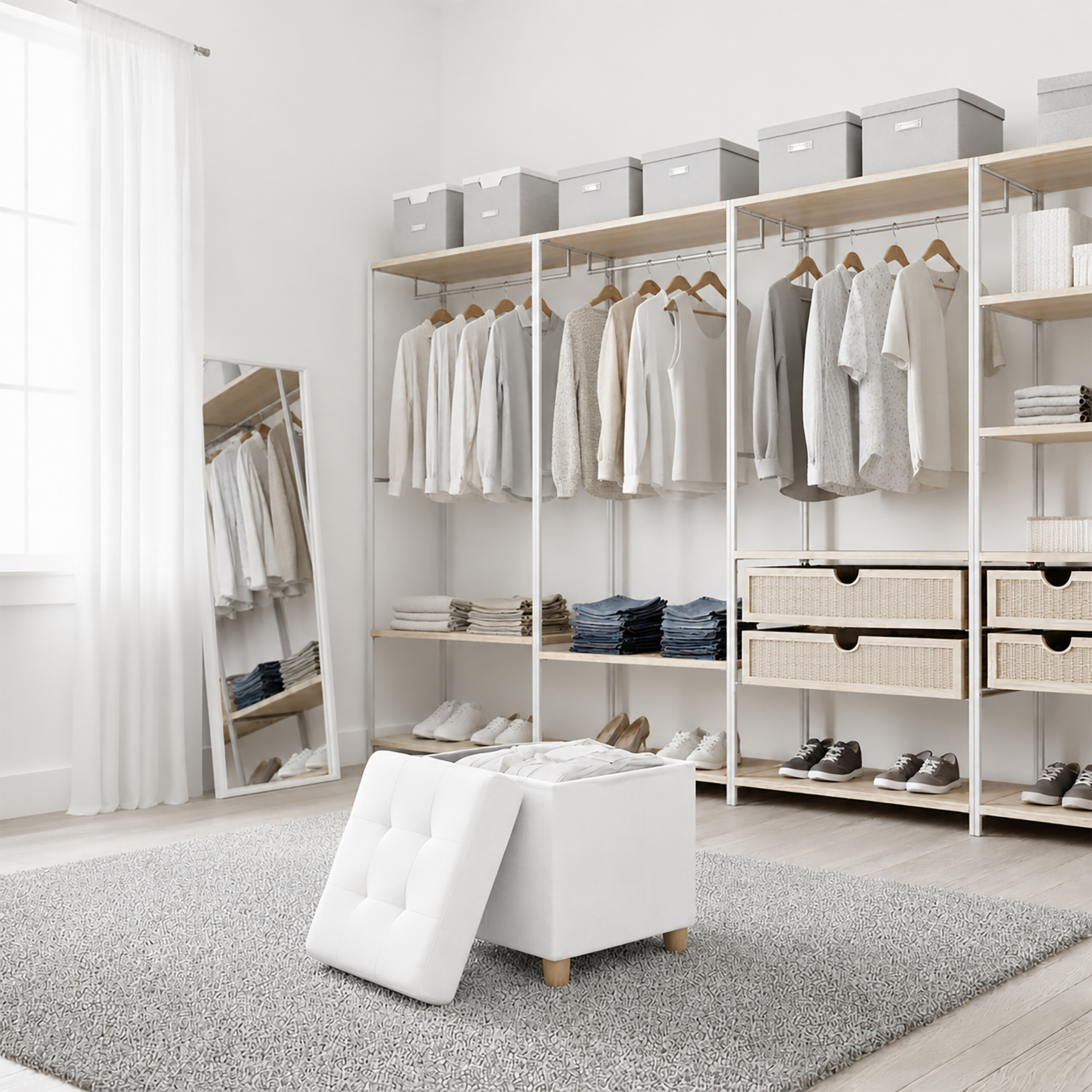 Ein heller begehbarer Kleiderschrank mit geordneten Kleidern, Regalen und einem Hocker auf einem Teppich.