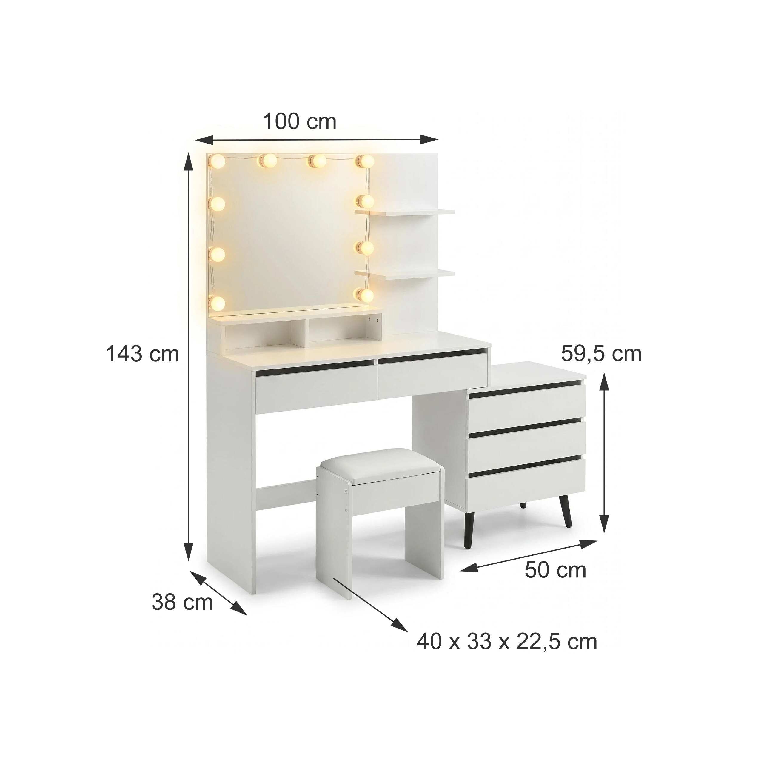 Weißer Schminktisch mit beleuchtetem Spiegel, Hocker und separatem Schubladenschrank mit Maßangaben.