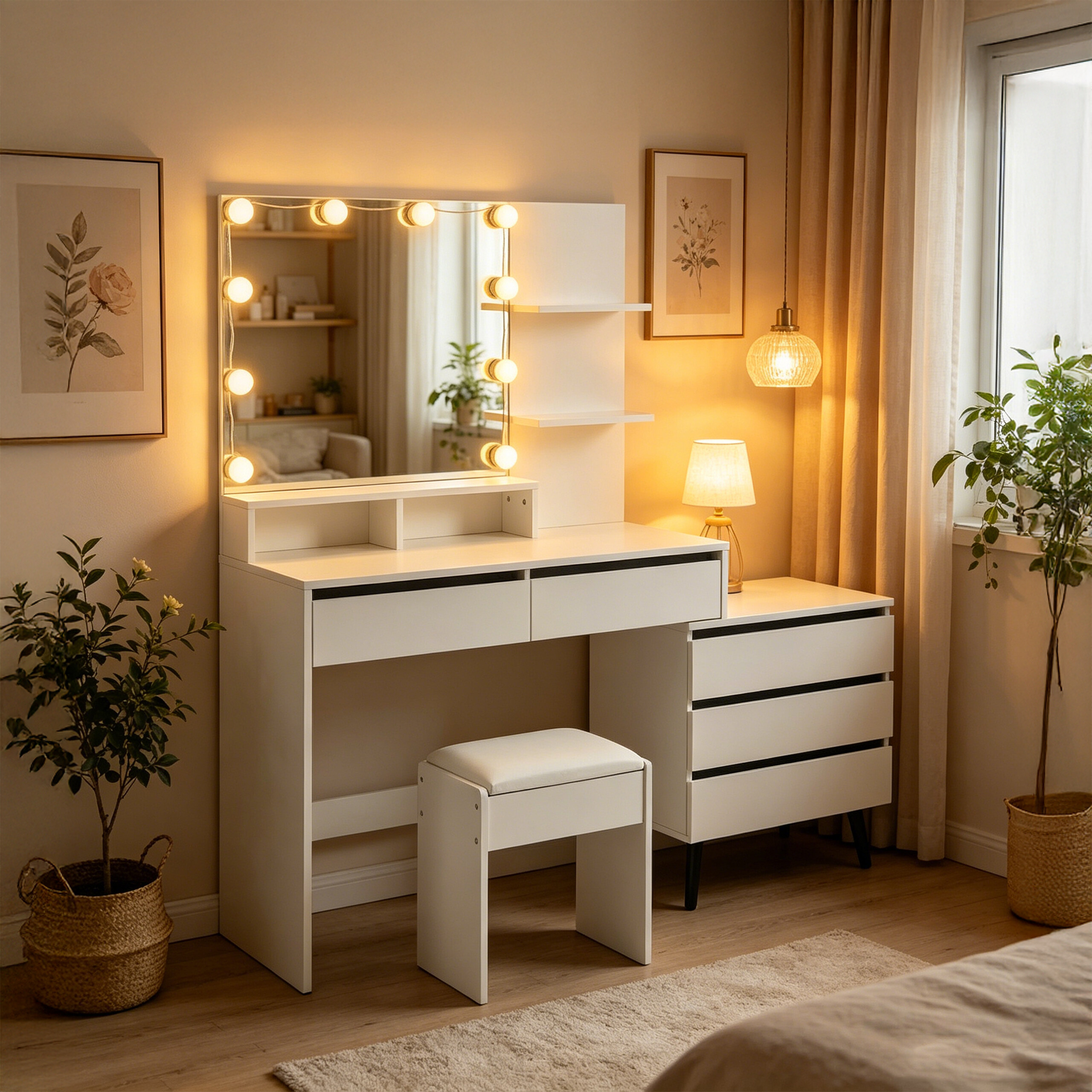 Ein weißer Schminktisch mit beleuchtetem Spiegel, Hocker, Schubladen, Topfpflanzen und warmer Beleuchtung in einem gemütlichen Raum.