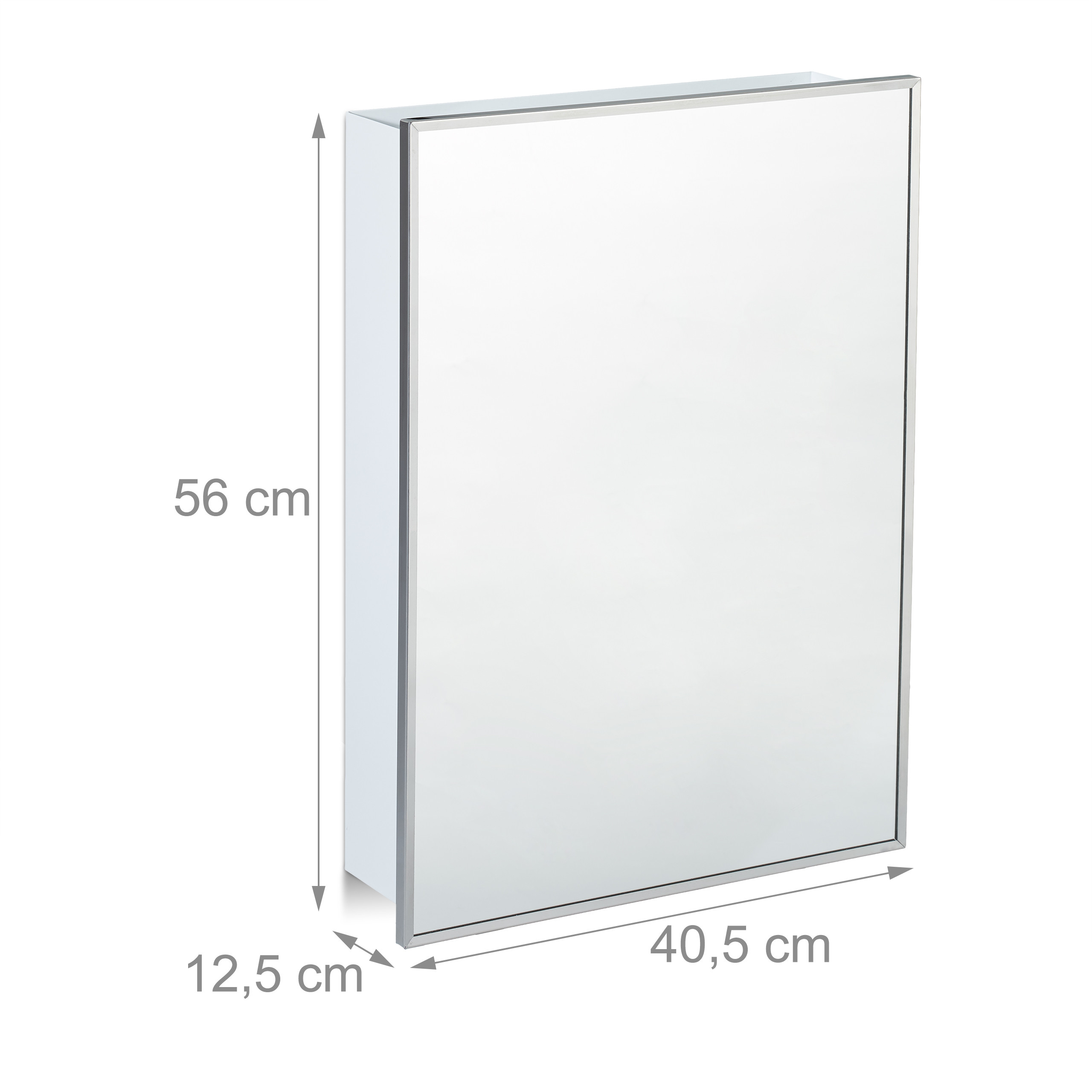 Weißer Spiegelschrank mit Maßen 56x40,5x12,5 cm auf weißem Hintergrund.
