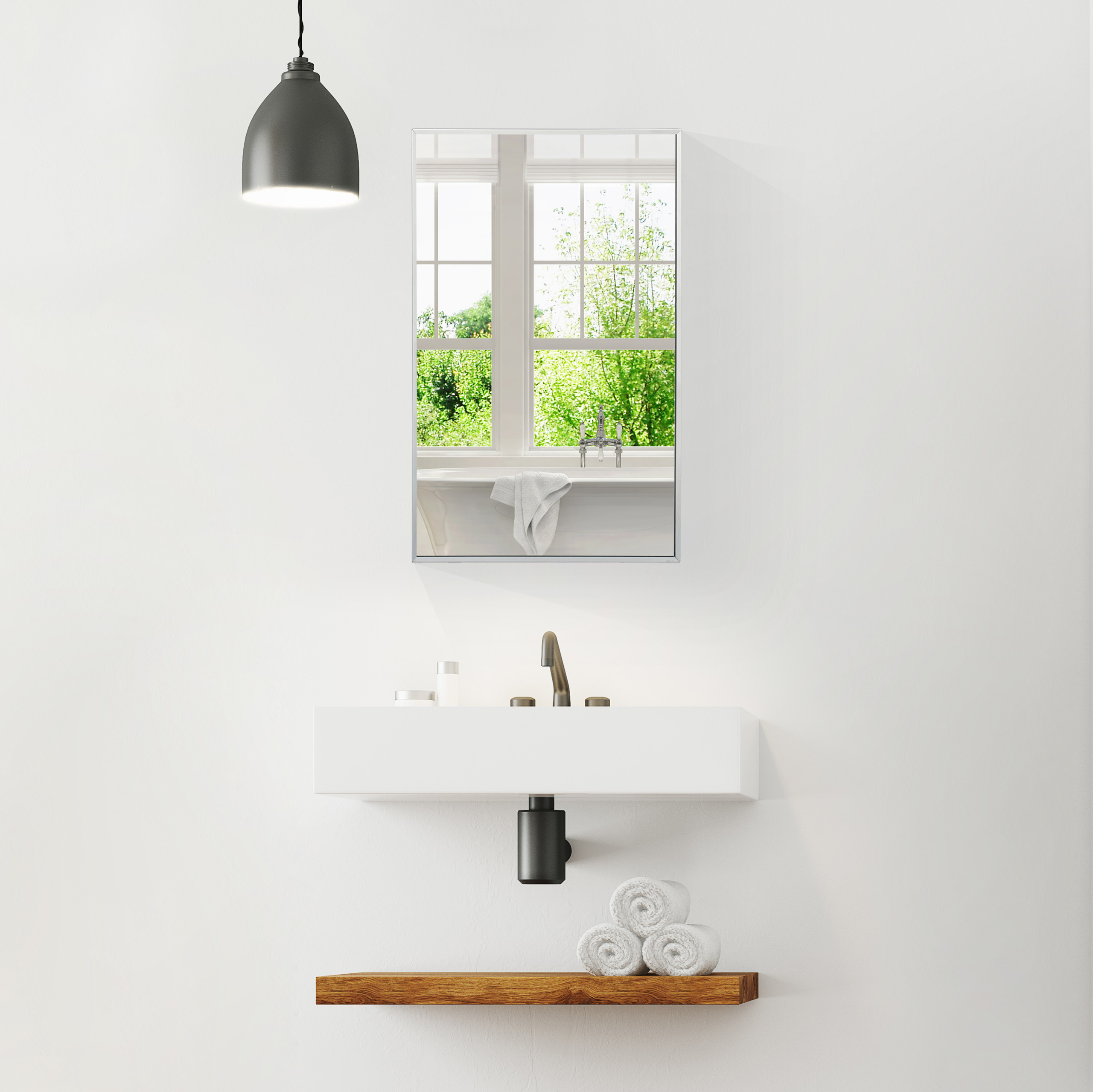 Minimalistisches Badezimmer mit weißem Waschbecken, schwarzer Lampe, Spiegel und Holzregal mit Handtüchern.