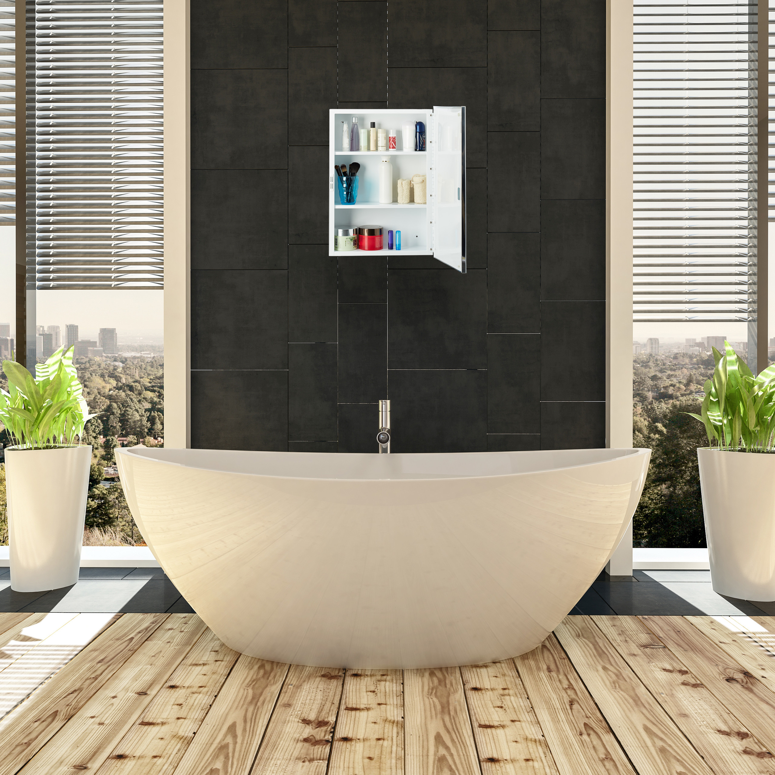 Freistehende Badewanne vor dunkler Wand mit Wandschrank, Holzboden und großen Fenstern mit Pflanzen.