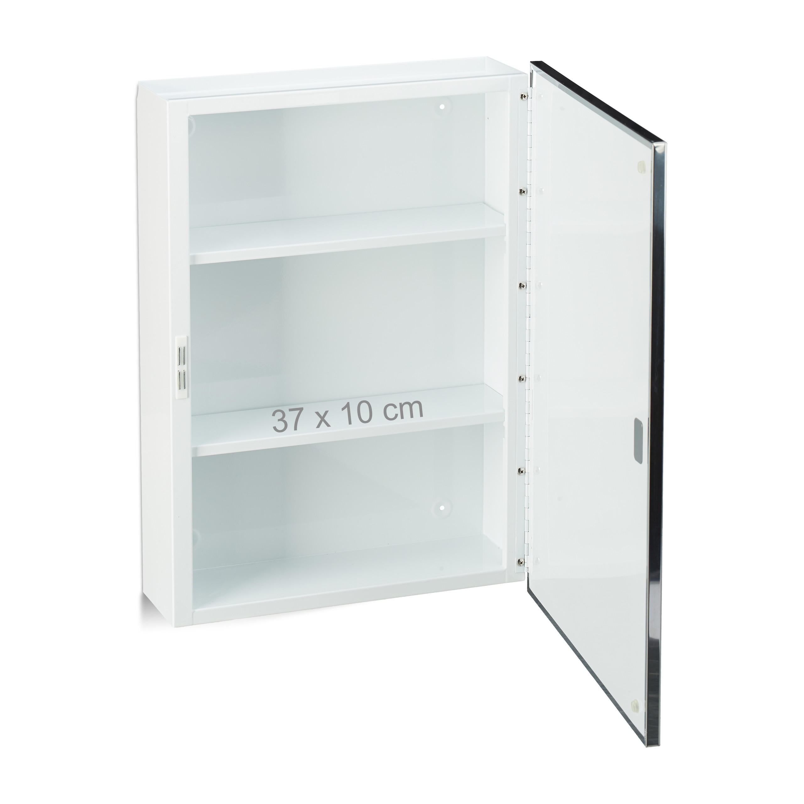 Ein weißer Metall-Wandschrank mit offener Spiegeltür und zwei Regalböden, beschriftet mit 37 x 10 cm.