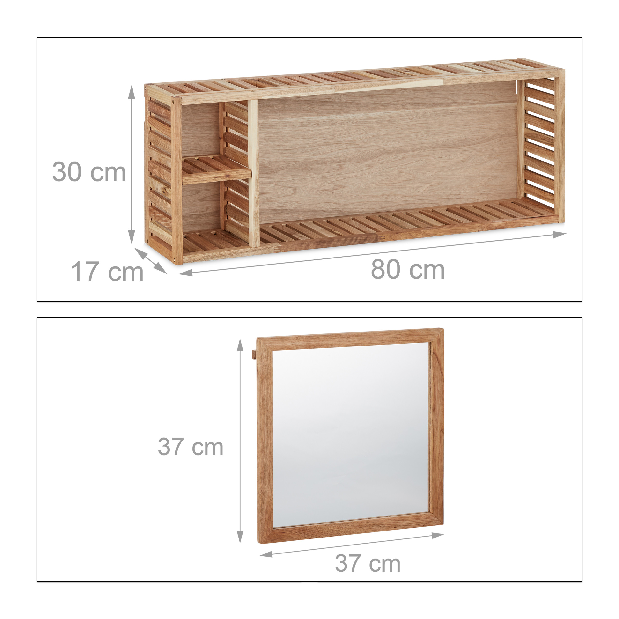 Holzregal (80x30x17 cm) und quadratischer Holzspiegel (37x37 cm) mit Maßen.