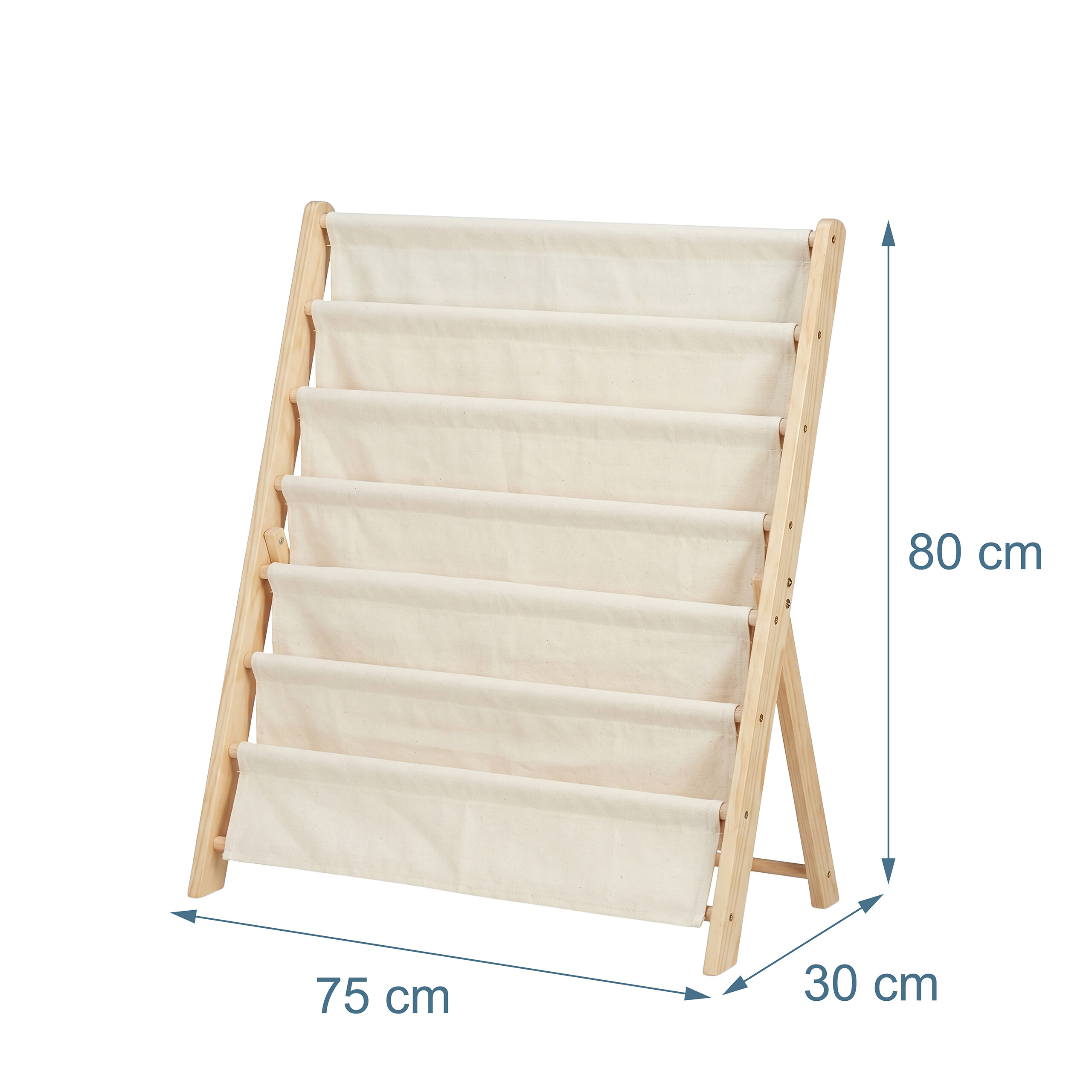 Holz-Bücherregal für Kinder mit 6 beige Stofffächern, 75 cm breit, 30 cm tief und 80 cm hoch.