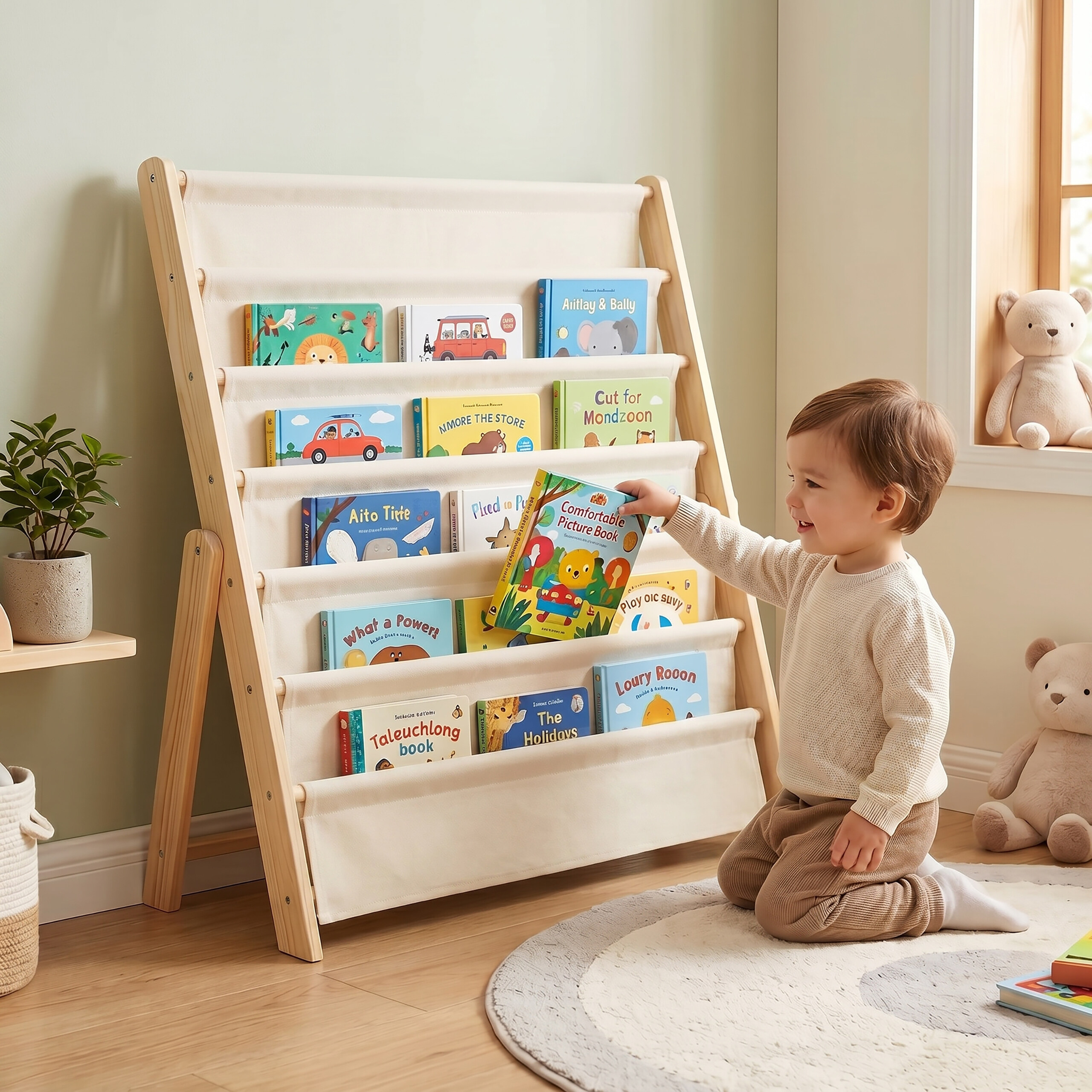 Ein Kleinkind kniet auf einem Teppich und greift nach einem bunten Bilderbuch in einem hellen Kinderzimmer.